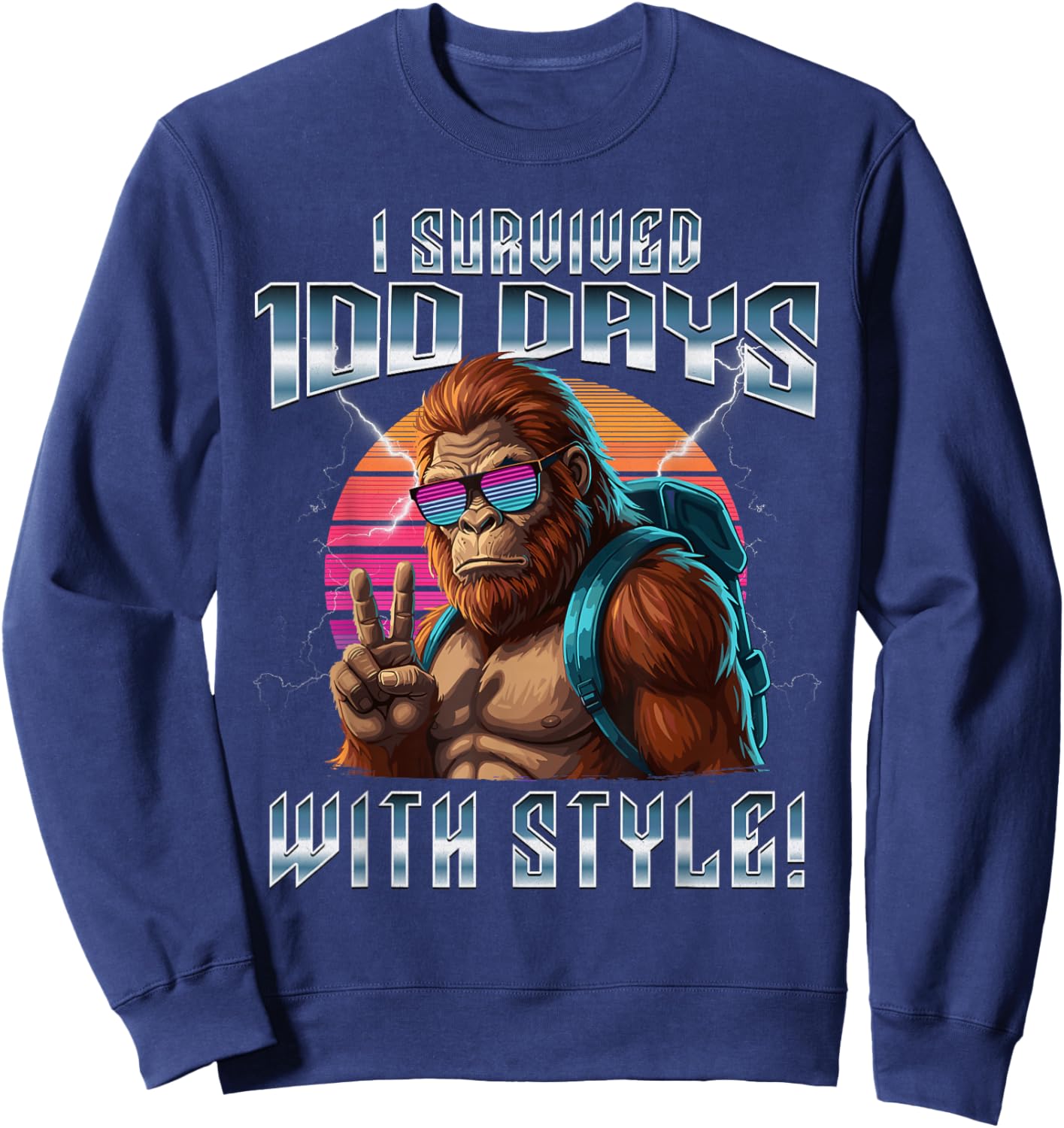 Retro I Survived 100 Days of School Bigfoot Kids Teacher Sweatshirt - Sweatshirt | Navy