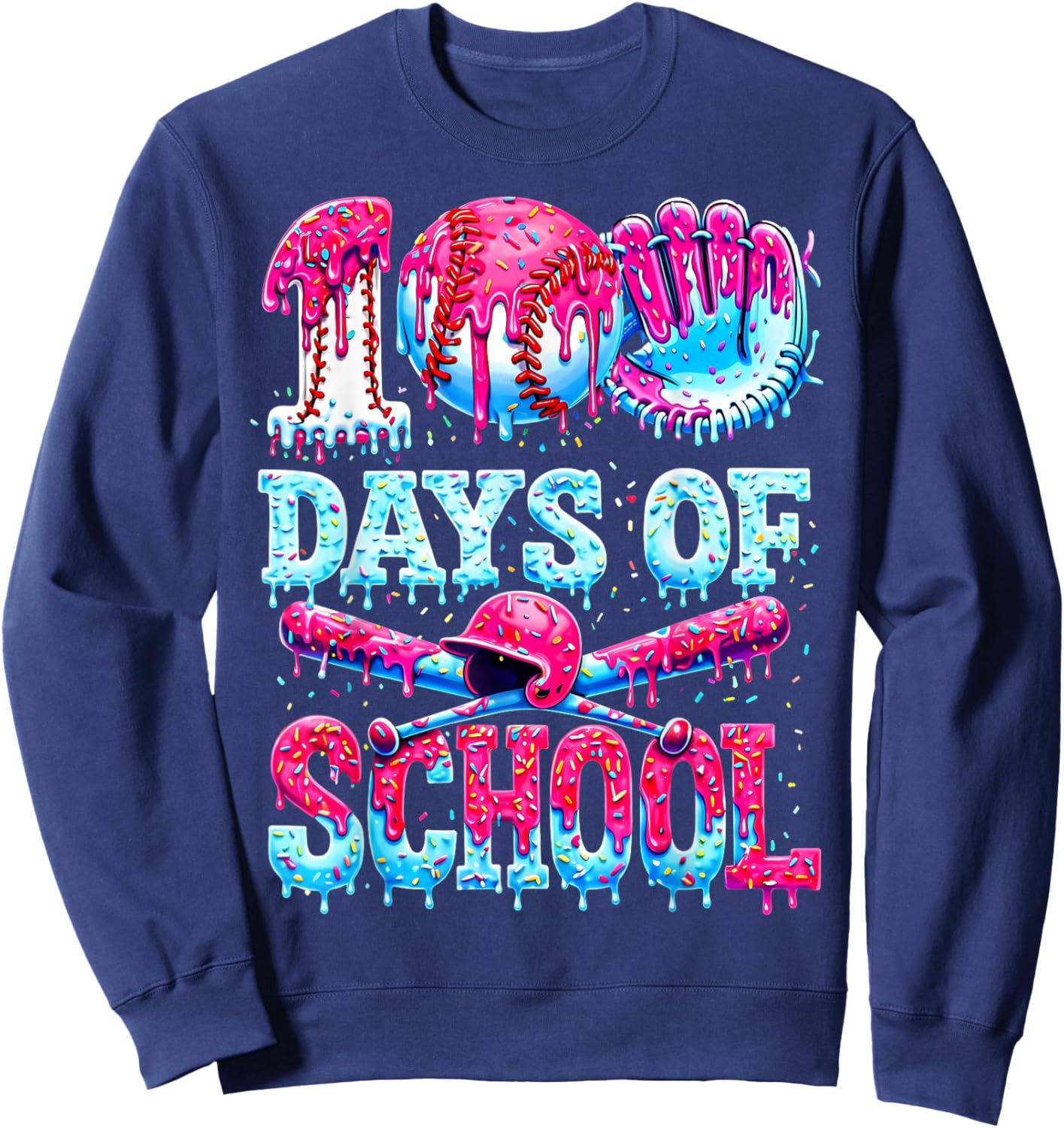 100 Days of School Baseball Ice Cream Drip Gift Boys Kid Sweatshirt - Sweatshirt | Navy