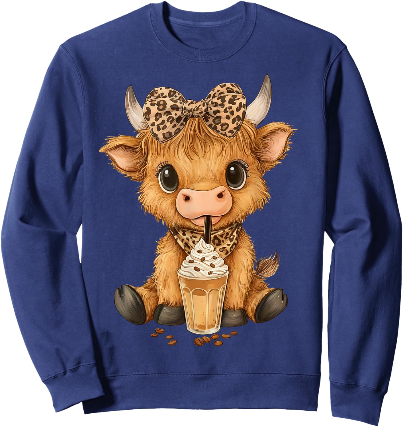 Highland Cow Cute Leopard Coquette Bow Drink Coffee Cowgirl Sweatshirt - Sweatshirt | Navy