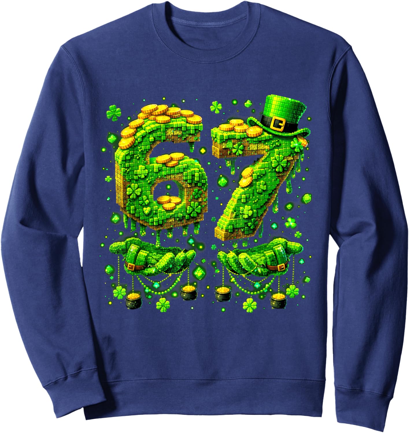 Six Seven Meme 67 St Patricks Day Pixel Shamrock Men Kids Sweatshirt - Sweatshirt | Navy
