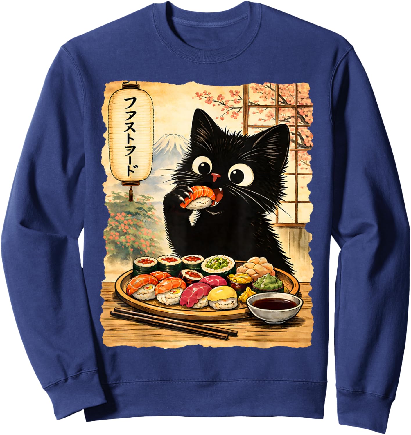 Black Cute Cat Eating Sushi Kawaii Japanese Food Anime Cats Sweatshirt - Sweatshirt | Navy