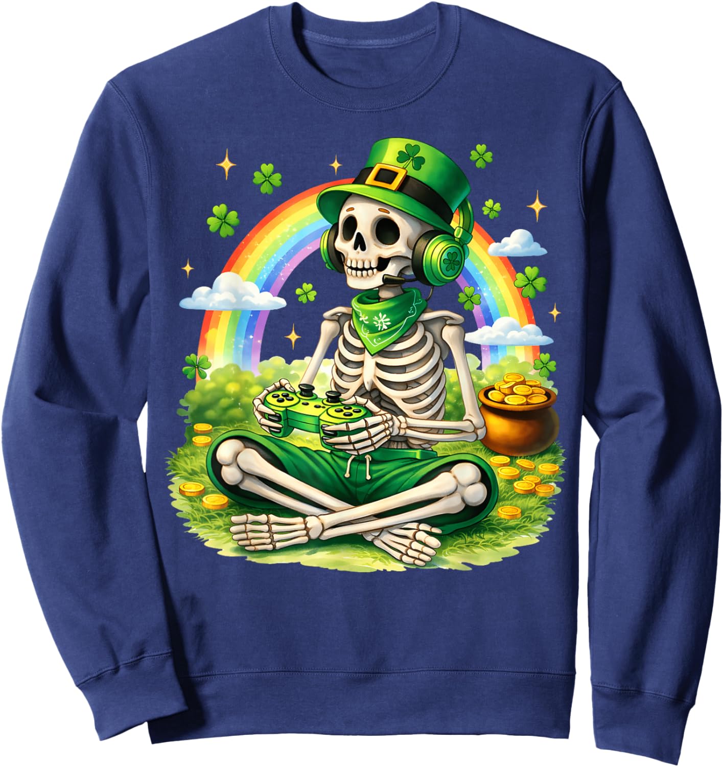 St Patricks Day Skeleton Leprechaun Gamer Irish Boys Men Sweatshirt - Sweatshirt | Navy