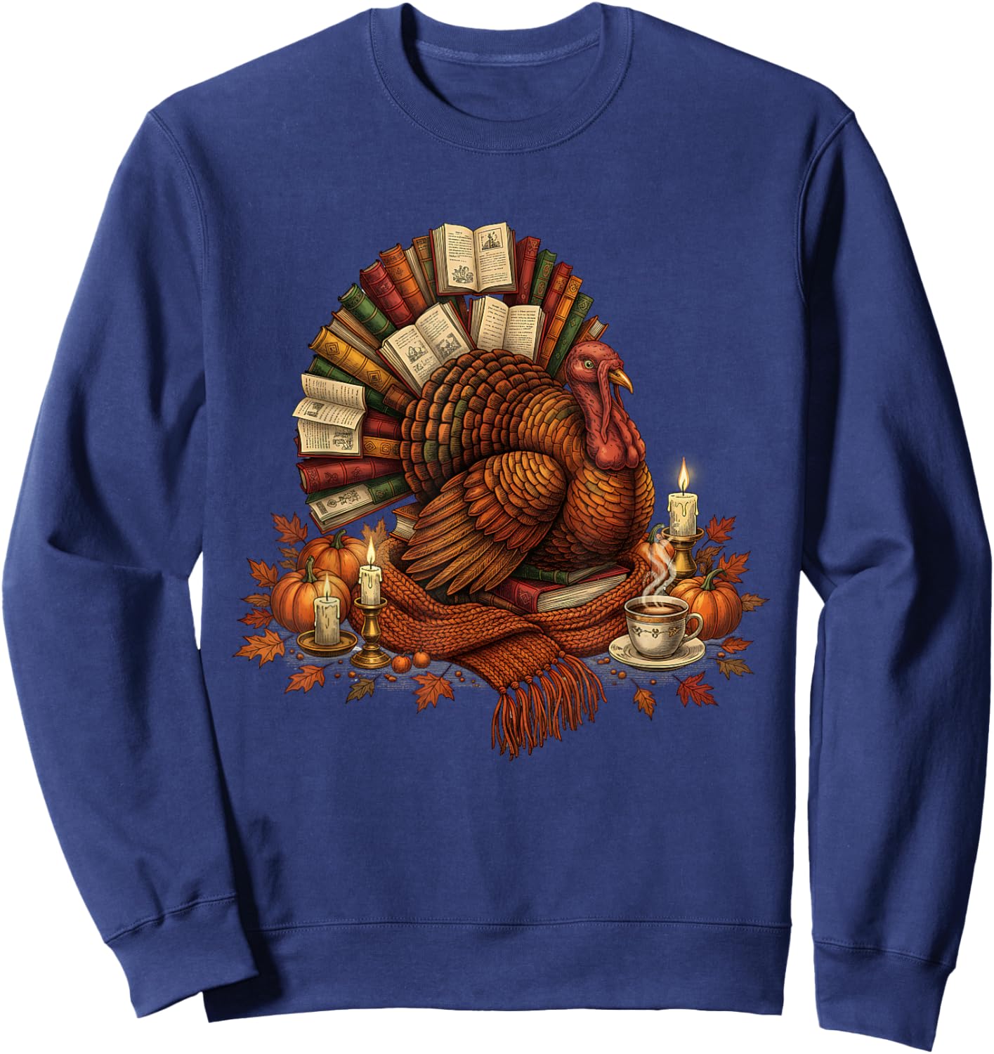 Turkey Reading Books Fall Season Thanksgiving Teacher Book Sweatshirt - Sweatshirt | Navy