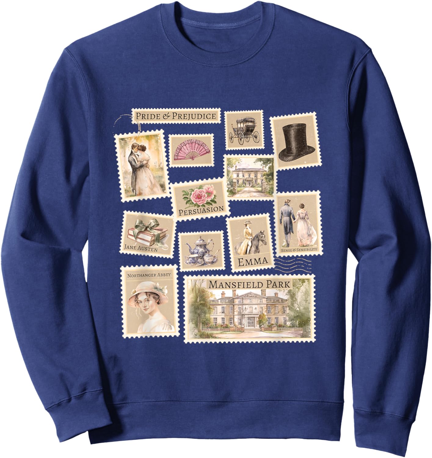 Jane Austen Book Classic Literature Stamp Collage Sweatshirt - Sweatshirt | Navy