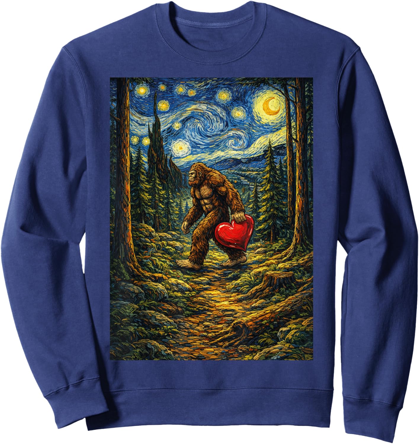 Valentine Love Heart Sasquatch Bigfoot Starry Night Van Gogh Sweatshirt - Sweatshirt | Navy