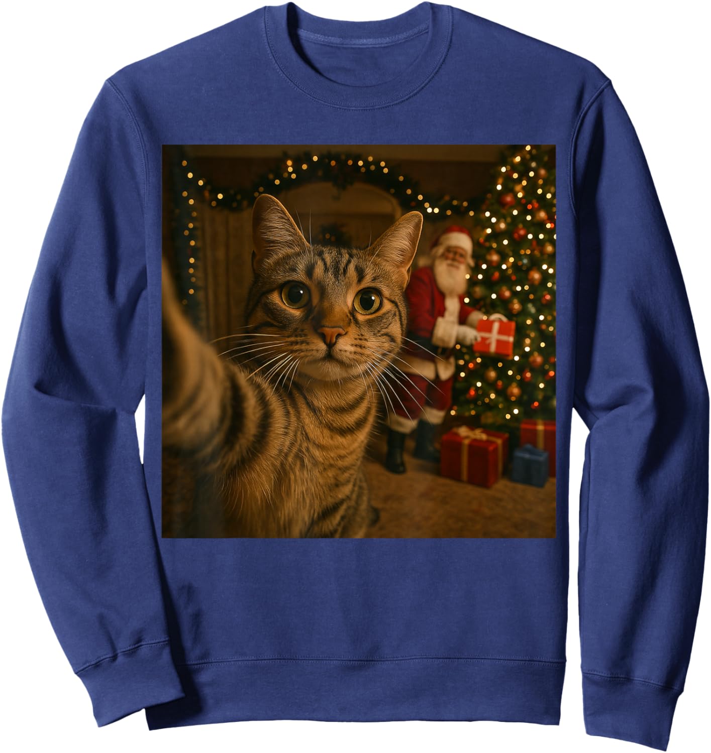 Santa Cat Christmas Tree Shirt, Funny Christmas Cat Selfie Sweatshirt - Sweatshirt | Navy