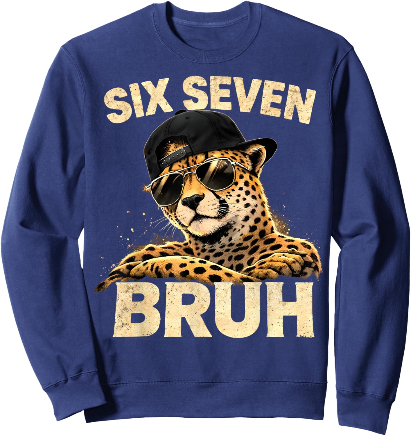 Six Seven Meme Bruh Cheetah Boys Animal Print Gifts for Kids Sweatshirt - Sweatshirt | Navy