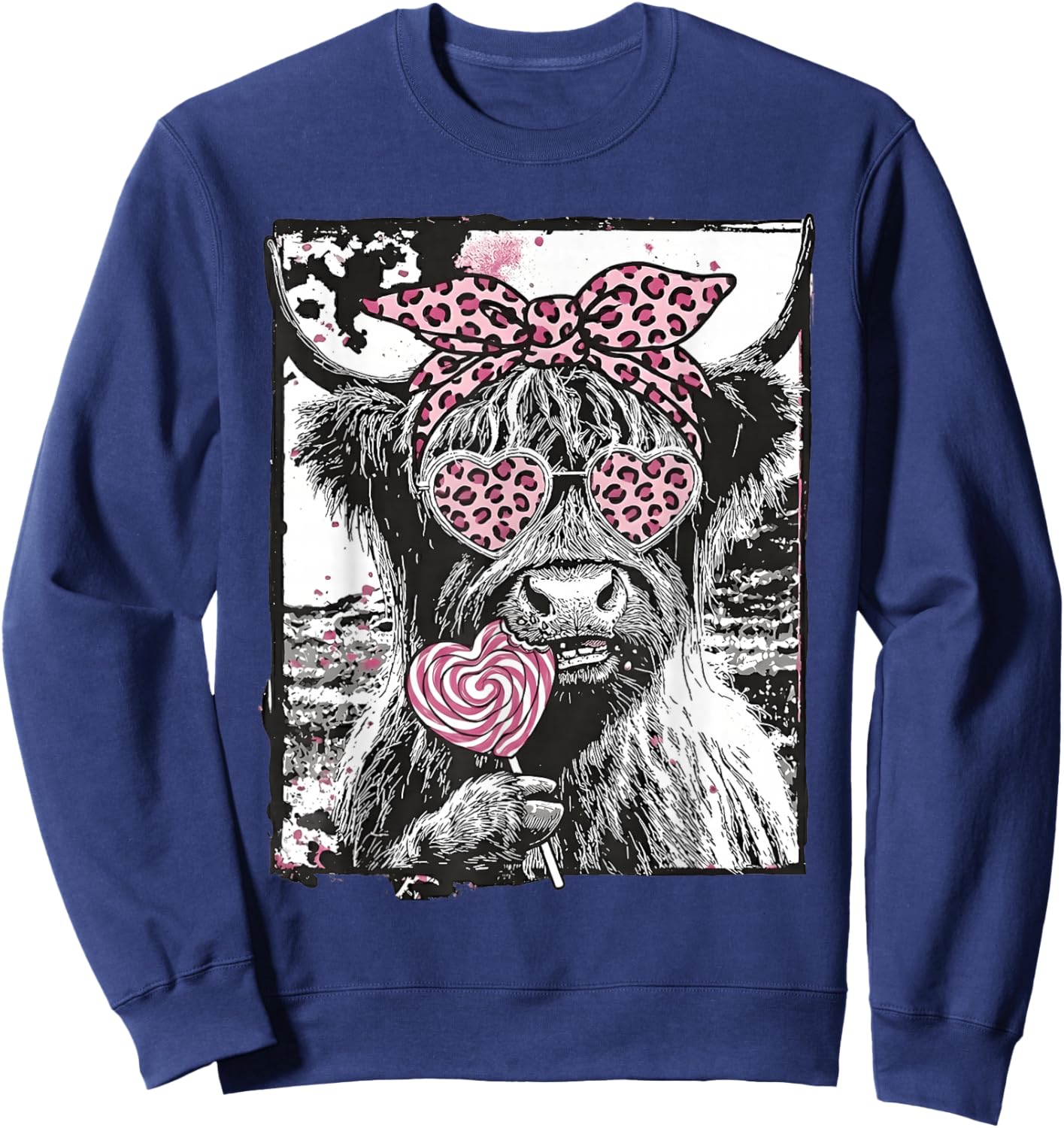 Highland Cow Valentine Coquette Pink Leopard Lollipop Heart Sweatshirt - Sweatshirt | Navy
