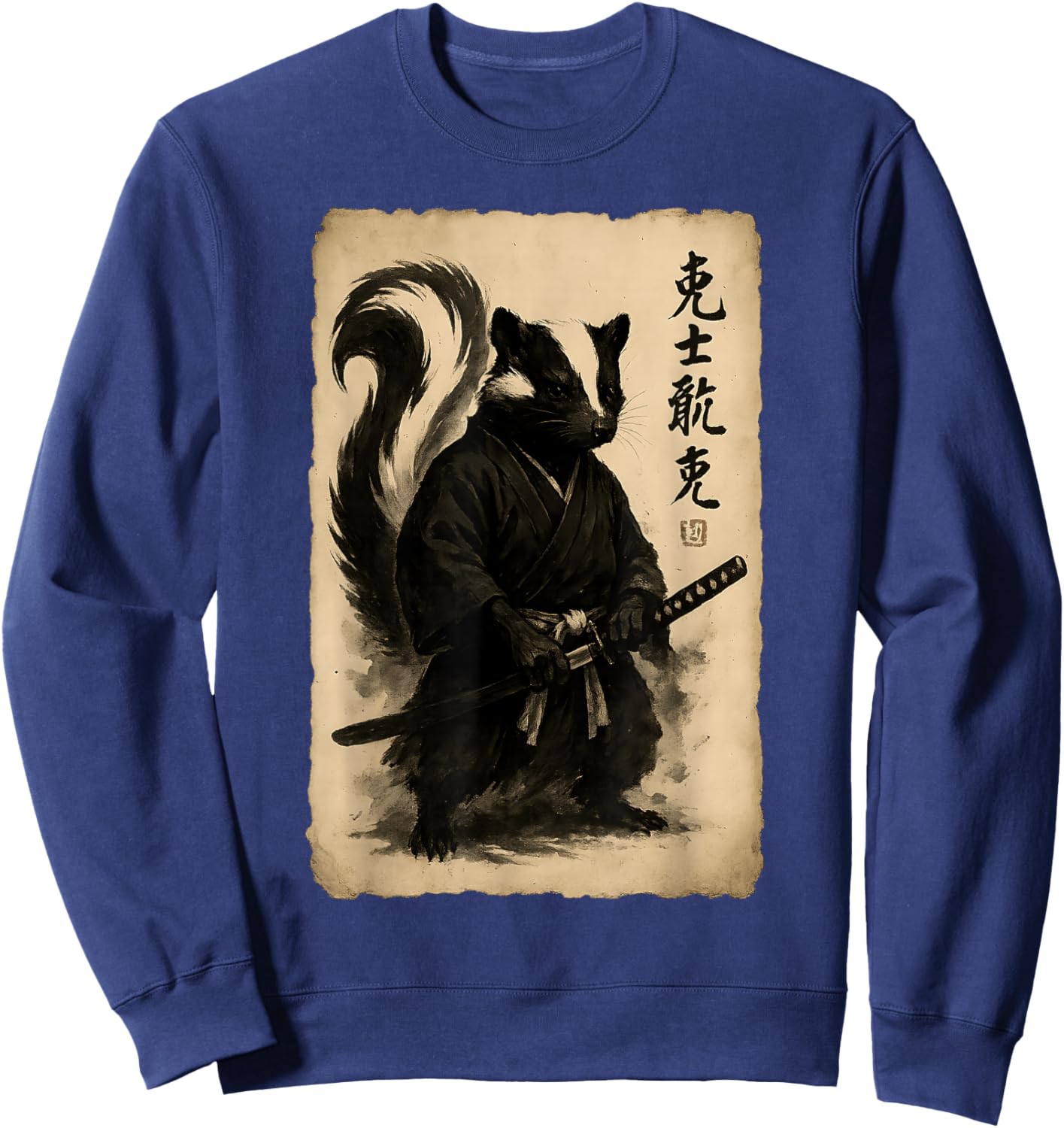 Vintage Japanese Ink Wash Art Bushido Warrior Striped Skunk Sweatshirt - Sweatshirt | Navy