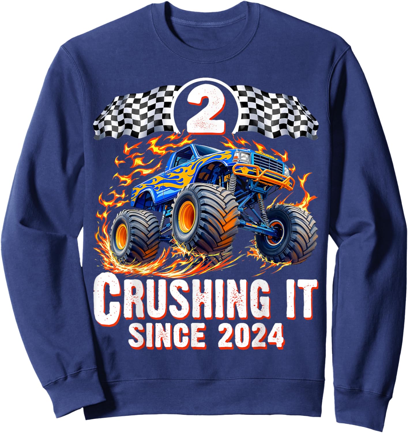 Birthday Monster Truck 2 Year Old Boys 2nd Party Born 2024 Sweatshirt - Sweatshirt | Navy