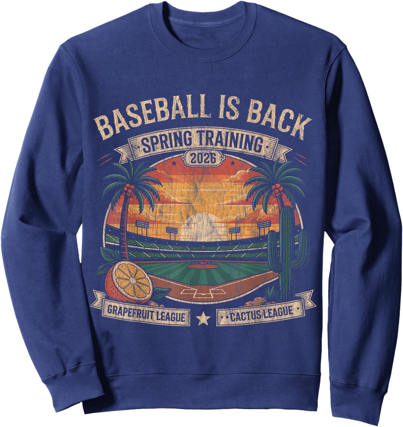 Spring Training Baseball is Back 2026 Retro Stadium Sunset Sweatshirt - Sweatshirt | Navy