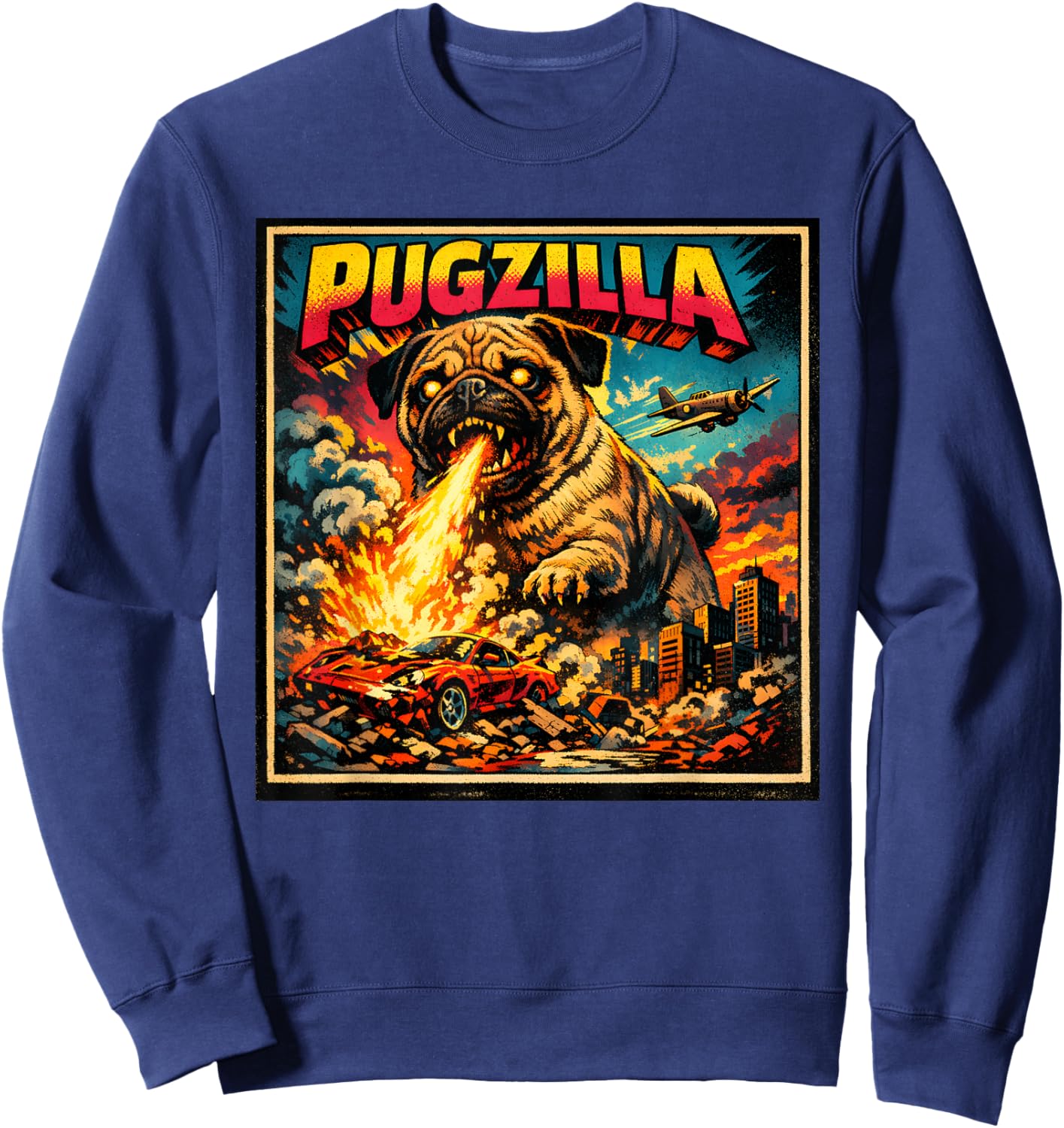 Retro Pugzilla Cute Pug Funny Youth Life from Dad Mom Meme Sweatshirt - Sweatshirt | Navy