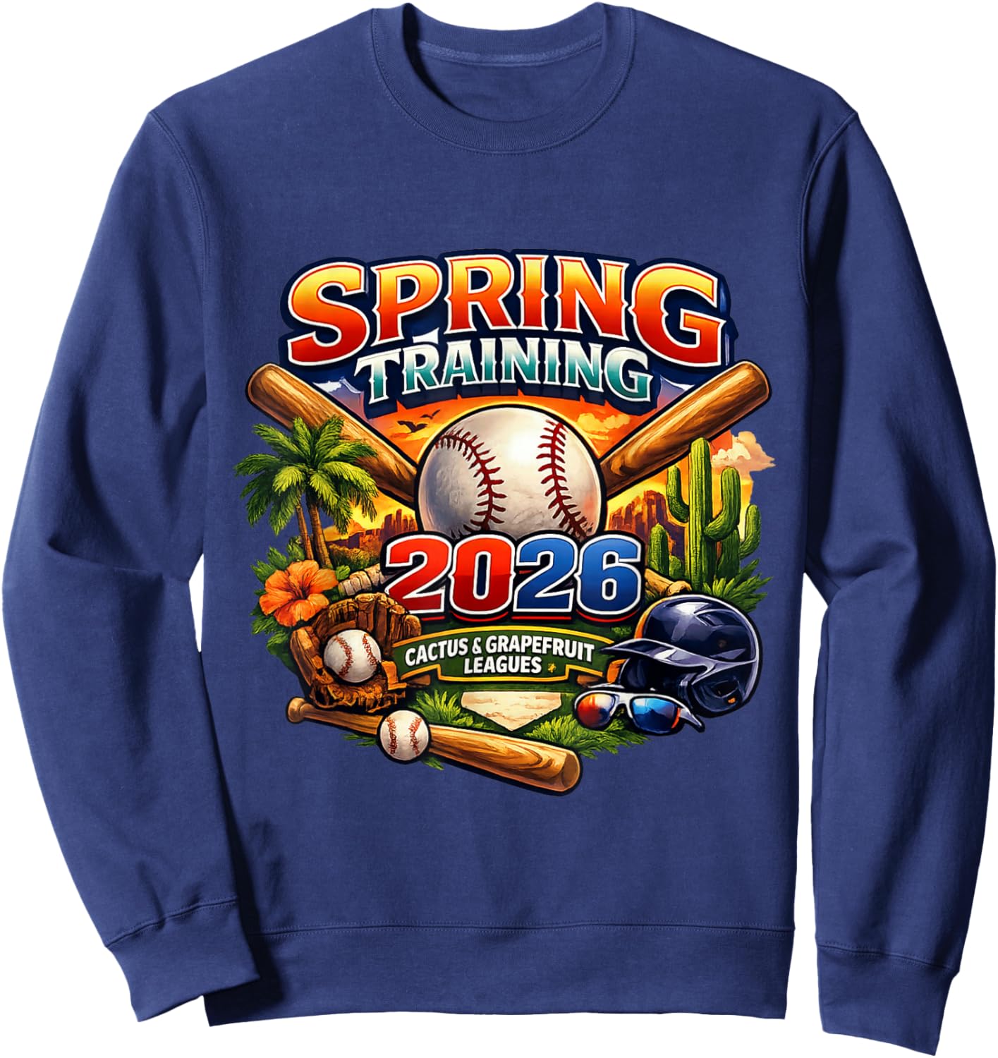 Spring Training 2026 Baseball Fan Design Retro Palm Cactus Sweatshirt - Sweatshirt | Navy