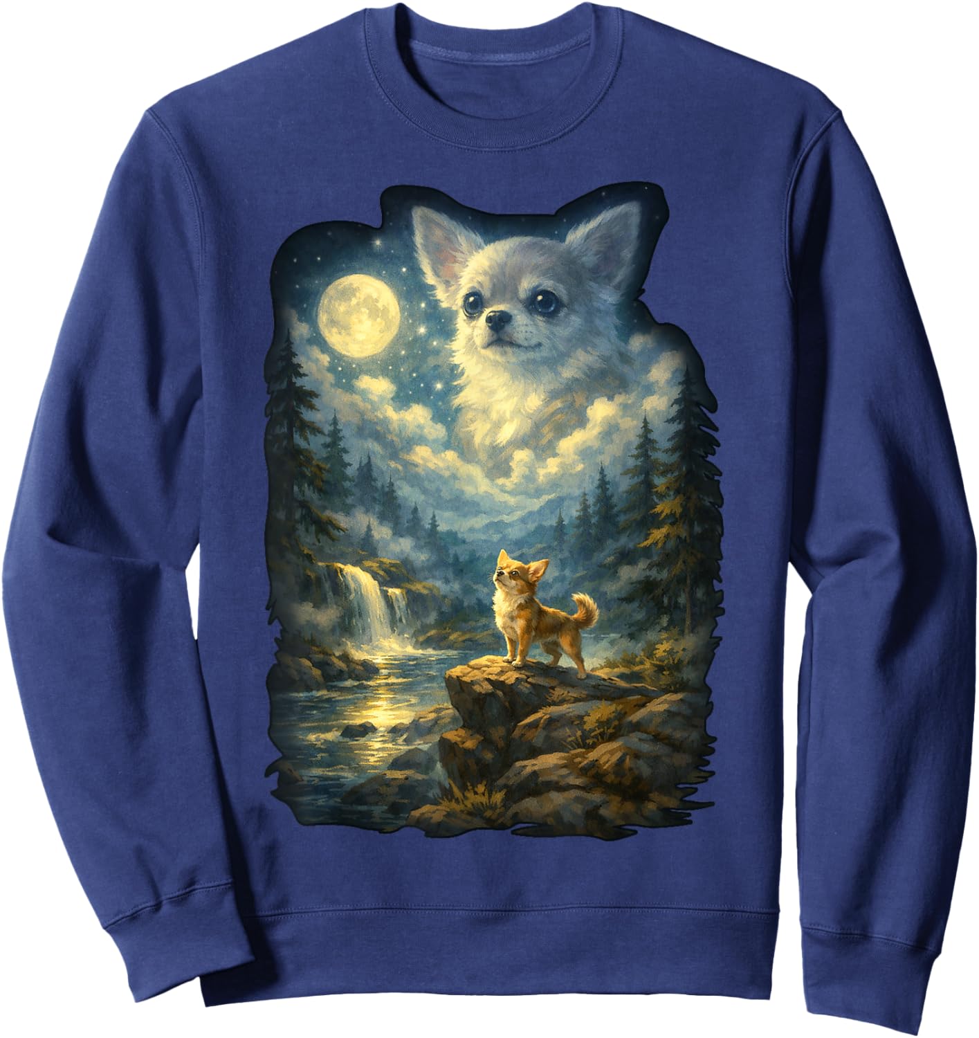 Chihuahua Dog Moonlit Night Art Chihuahua Howling at Moon Sweatshirt - Sweatshirt | Navy