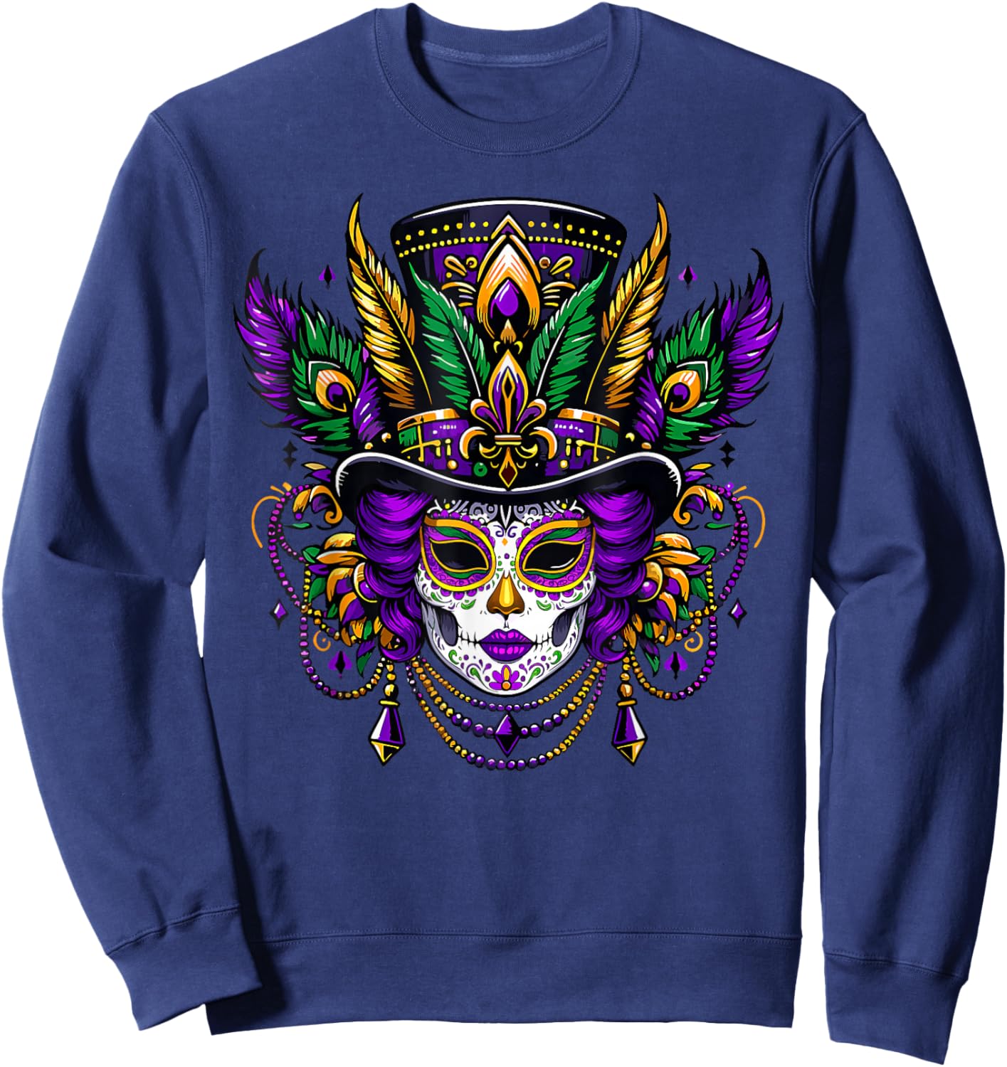 Mardi Gras Mask Feathers Carnival New Orleans Fleur De Lis Sweatshirt - Sweatshirt | Navy
