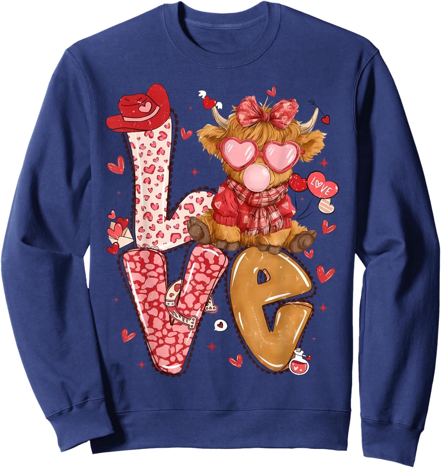 Cute Highland Cow and Pink Heart Valentine Day Love Leopard Sweatshirt - Sweatshirt | Navy