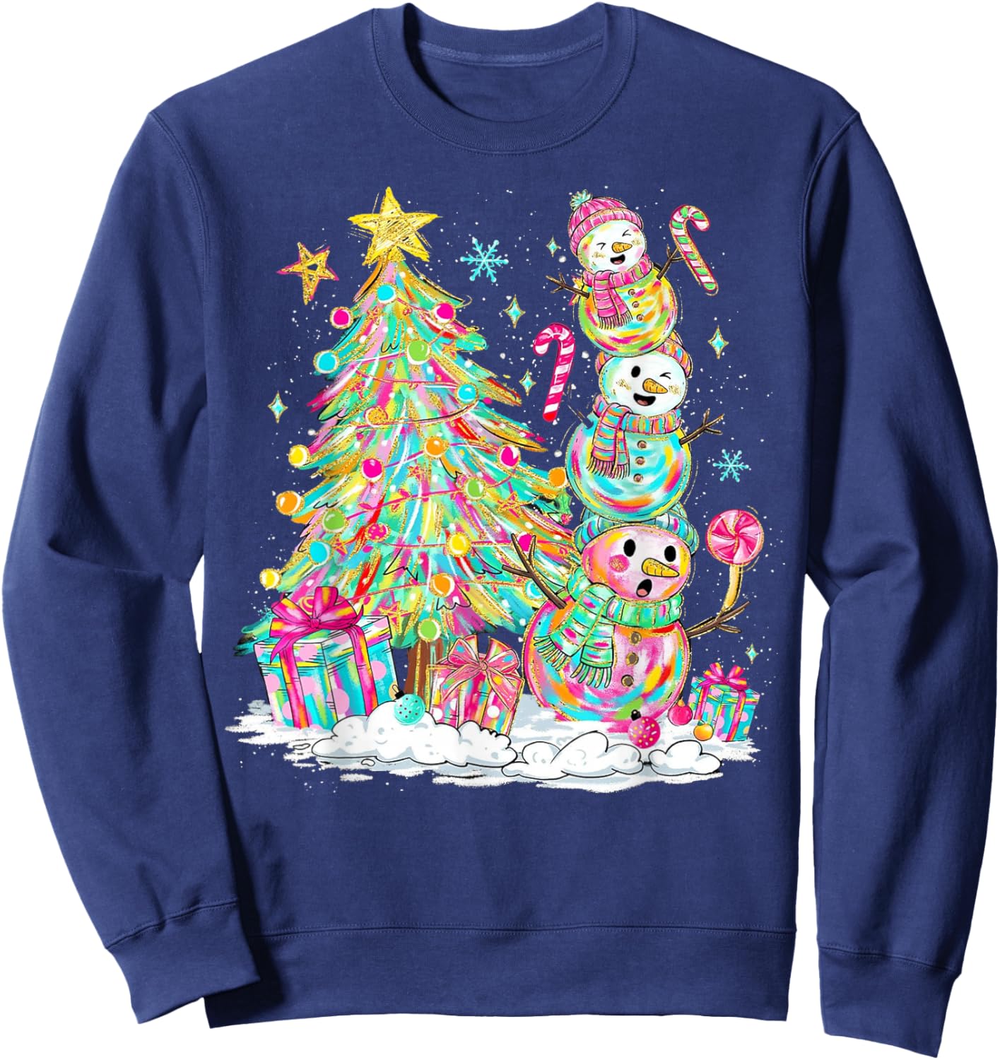 Colorful Christmas Snowman Scene for Kids Holiday Fun Sweatshirt - Sweatshirt | Navy