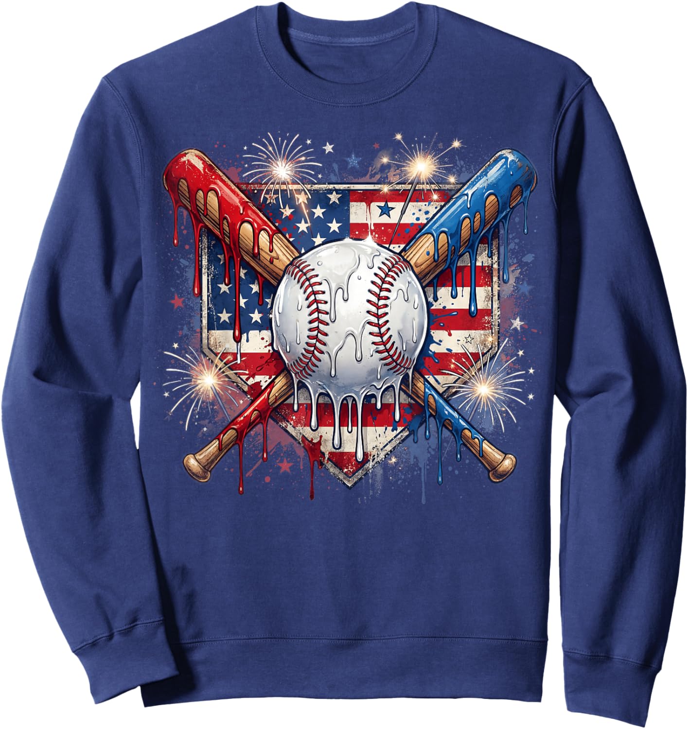 4th of July Baseball Drip Ice Cream Patriotic American Flag Sweatshirt - Sweatshirt | Navy