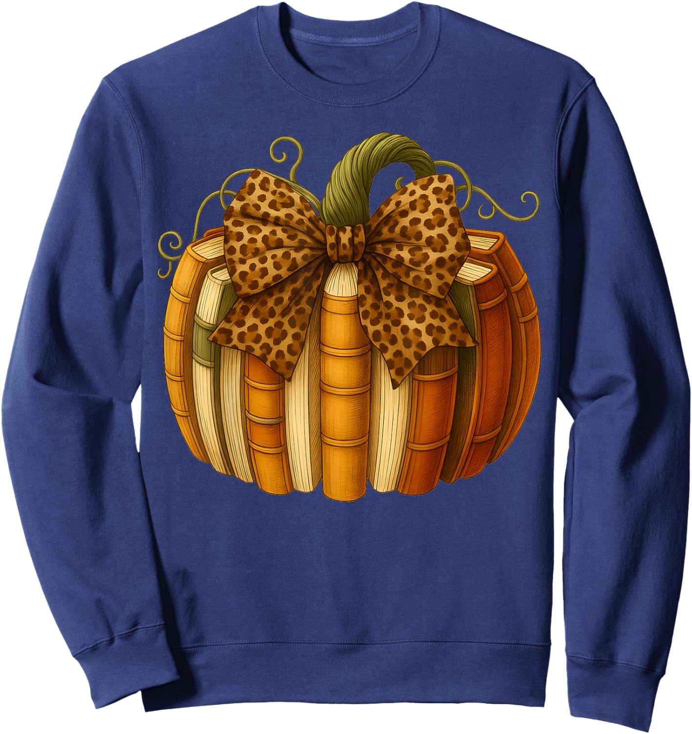 Leopard Bow Book Pumpkin Thanksgiving Fall Coquette Bow Sweatshirt - Sweatshirt | Navy