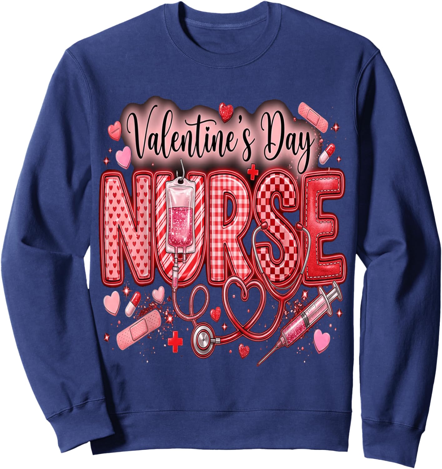 Red Healthcare ER RN CNA ICU Valentine Nurse Heart Nurses Sweatshirt - Sweatshirt | Navy