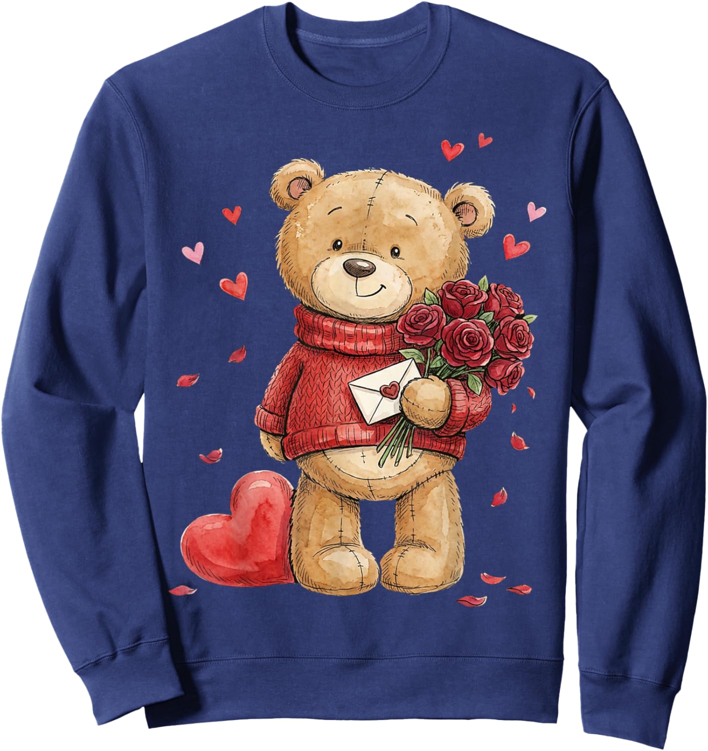 Teddy Bear Roses Men Women Valentines Day Shirt Girl Heart Sweatshirt - Sweatshirt | Navy