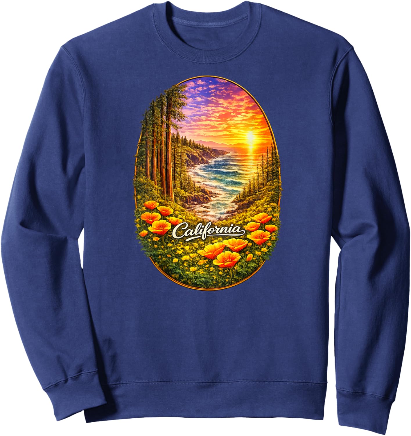 California Coast Redwood Ocean Poppy Nature Back Print Sweatshirt - Sweatshirt | Navy