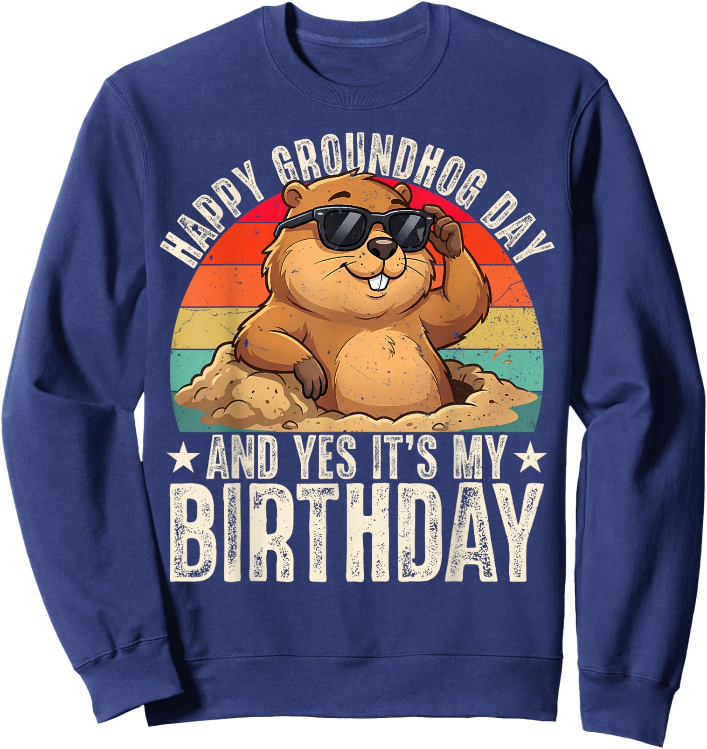 Happy Groundhog Day Birthday Cool Groundhog with Sunglasses Sweatshirt - Sweatshirt | Navy