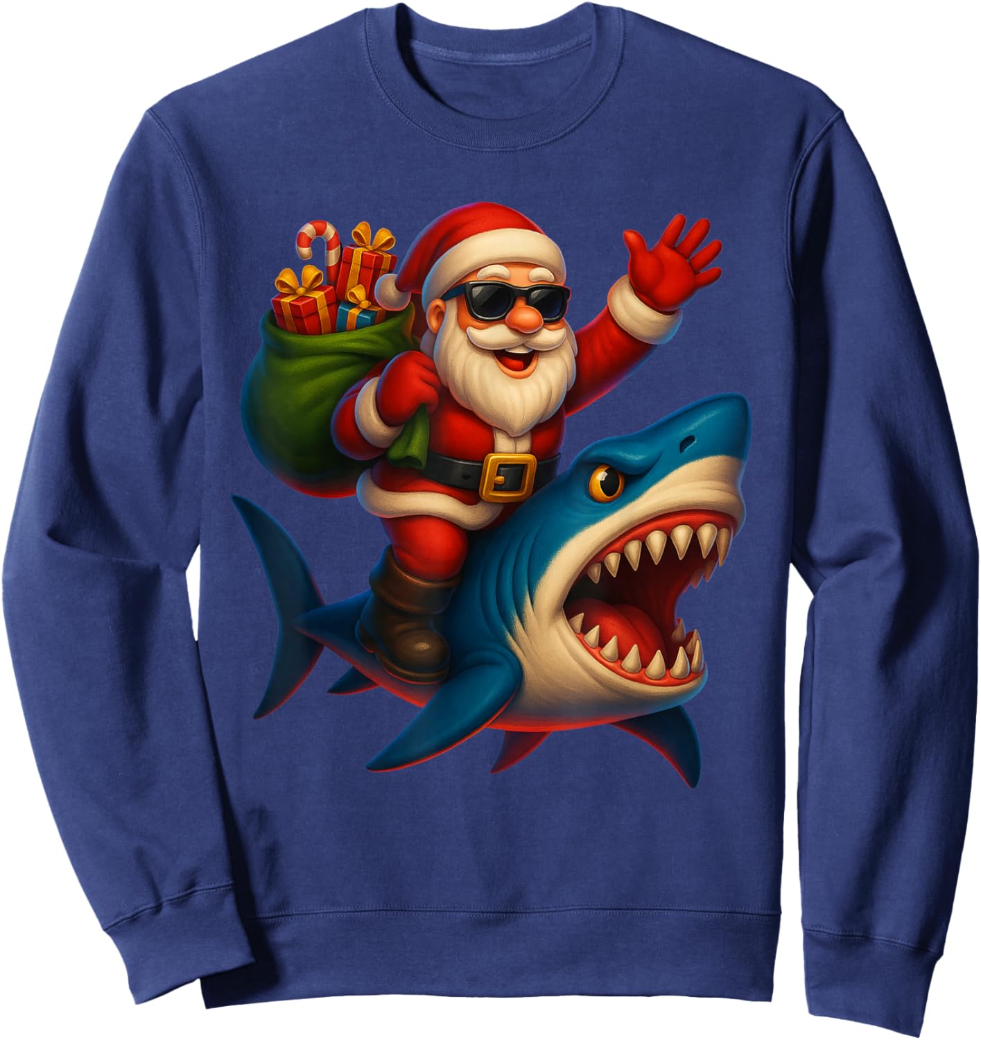 Funny Shark Santa Christmas Lights Xmas Squad Boys Kids Sweatshirt - Sweatshirt | Navy