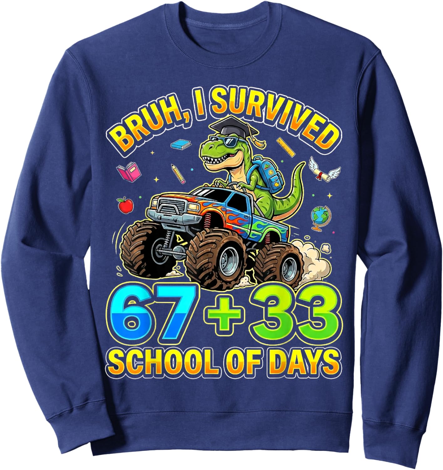 I Survived 67 33 Days of School Dinosaur Youth Kids Boy Girl Sweatshirt - Sweatshirt | Navy