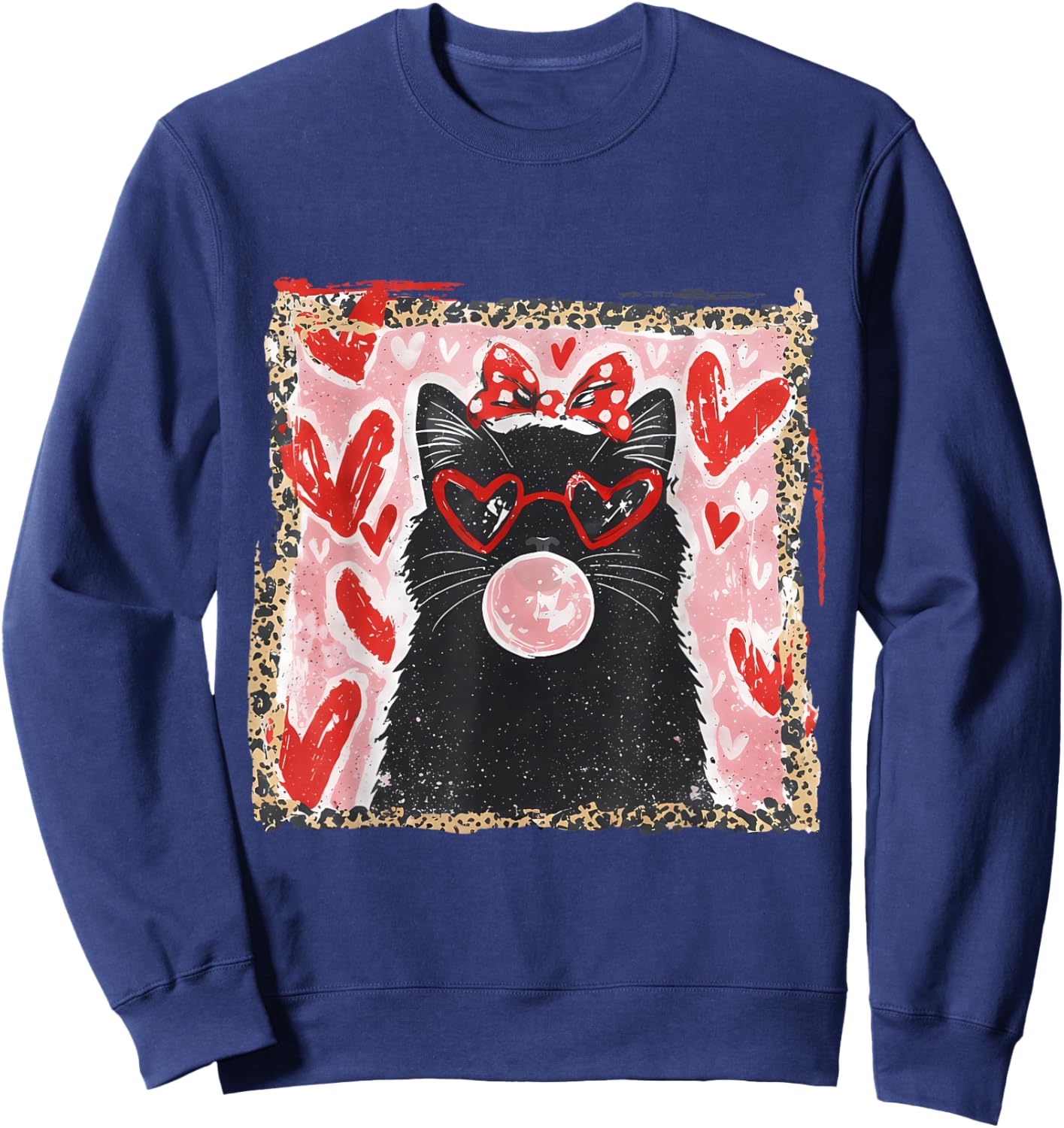 Valentine Cat Hearts Cat Lover Valentines Brushstroke Cat Sweatshirt - Sweatshirt | Navy