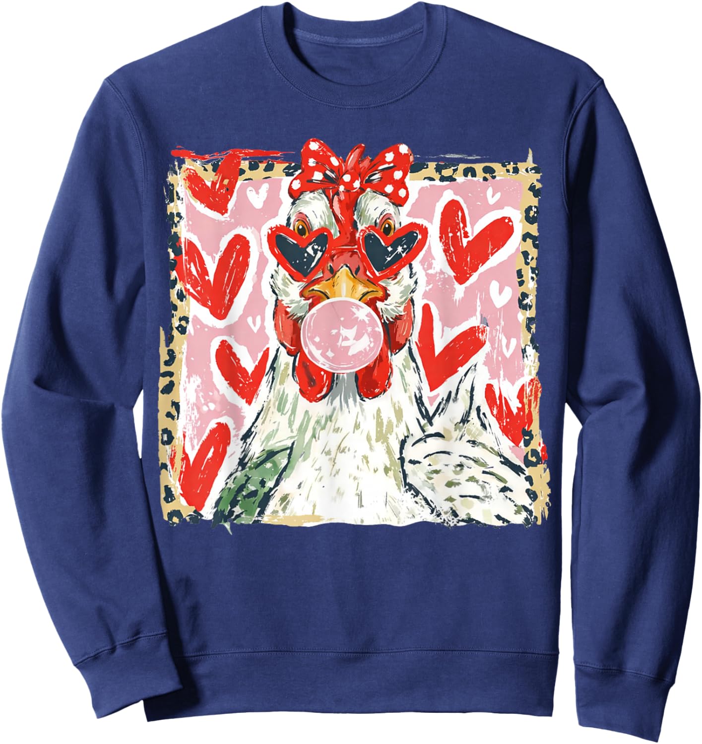 Coquette Leopard Valentine Chicken Hen Blowing Bubble Gum Sweatshirt - Sweatshirt | Navy