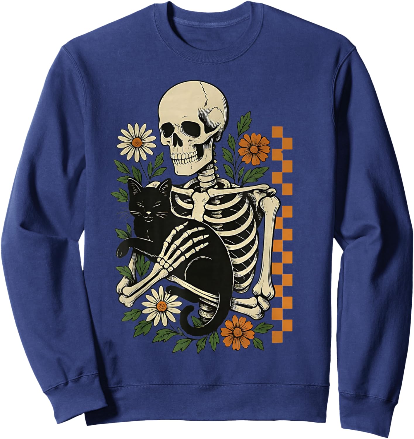 Funny Floral Skeleton Hugging Cat Halloween Cat Mom Cat Dad Sweatshirt - Sweatshirt | Navy