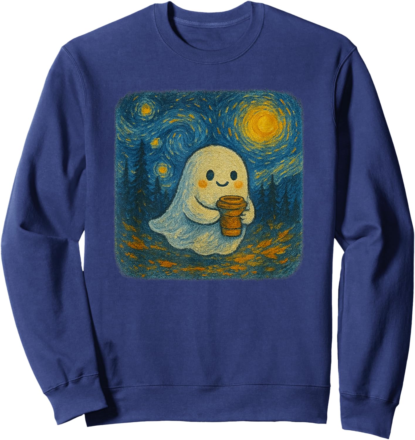Funny Ghost Pumpkin Spice Latte Starry Night Halloween Sweatshirt - Sweatshirt | Navy
