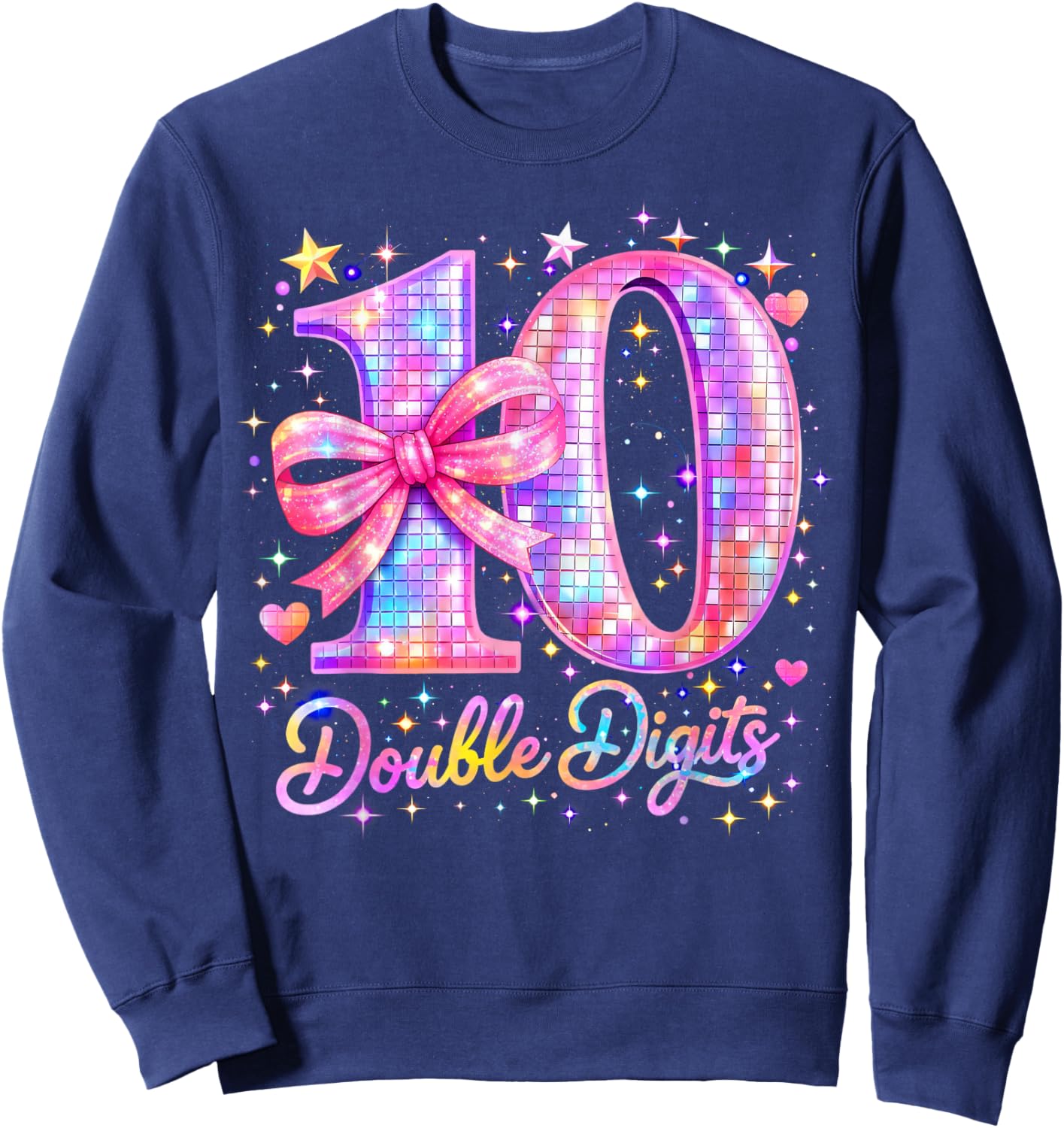 10th Birthday Girl Pink Coquette Bow 10 Year Old Disco Ball Sweatshirt - Sweatshirt | Navy