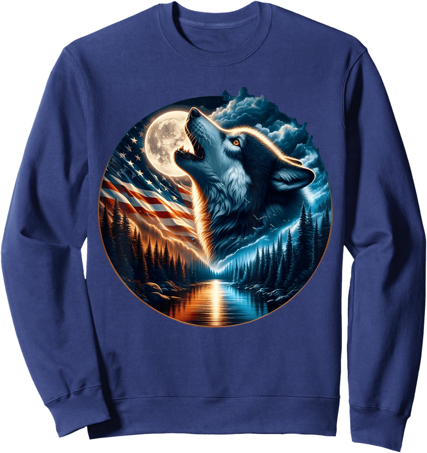 Wolf Howling Moon Wolves 4th of July American Flag Wildlife Sweatshirt - Sweatshirt | Navy