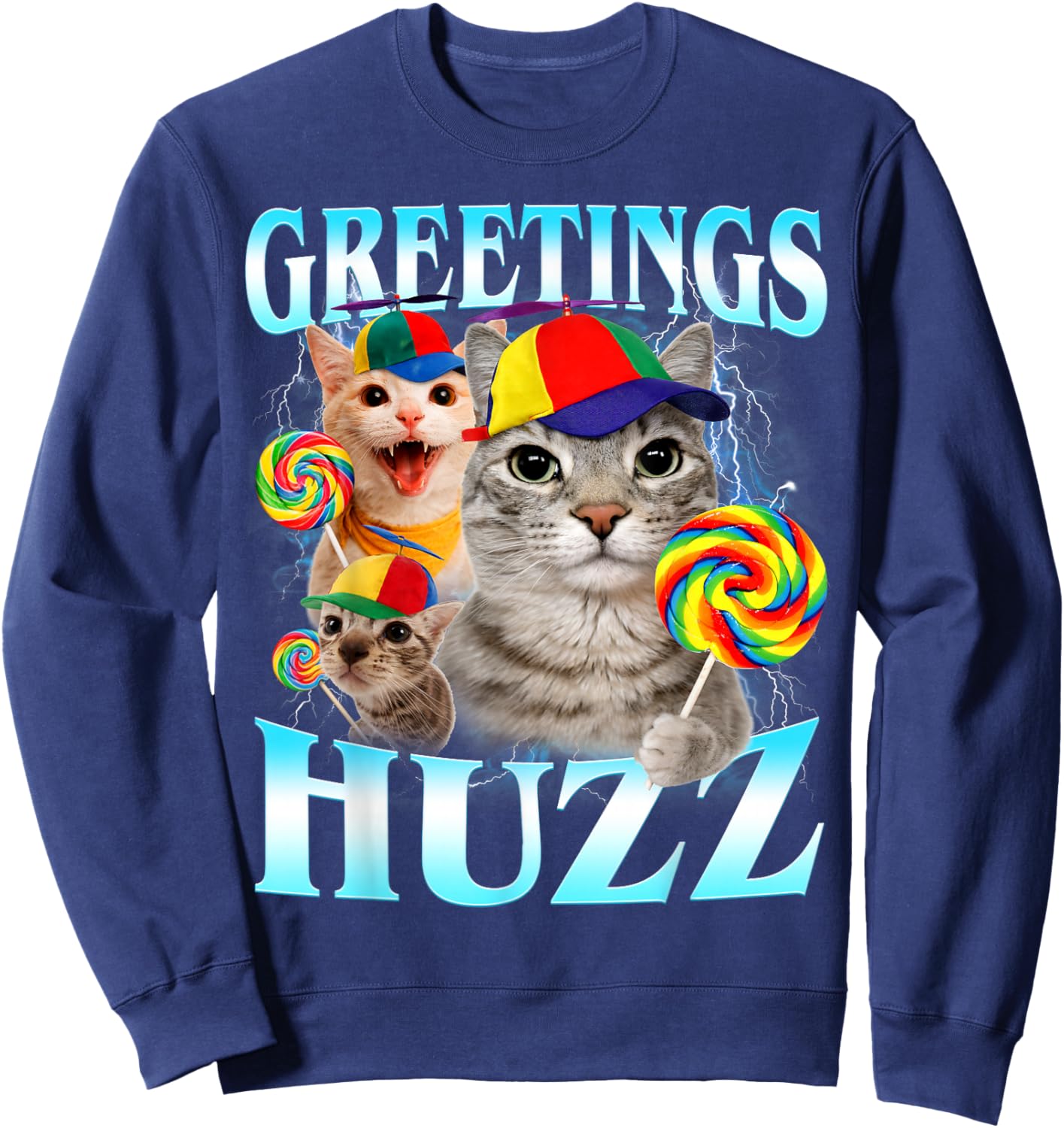Greetings Huzz Funny Silly Cats Meme Sweatshirt - Sweatshirt | Navy