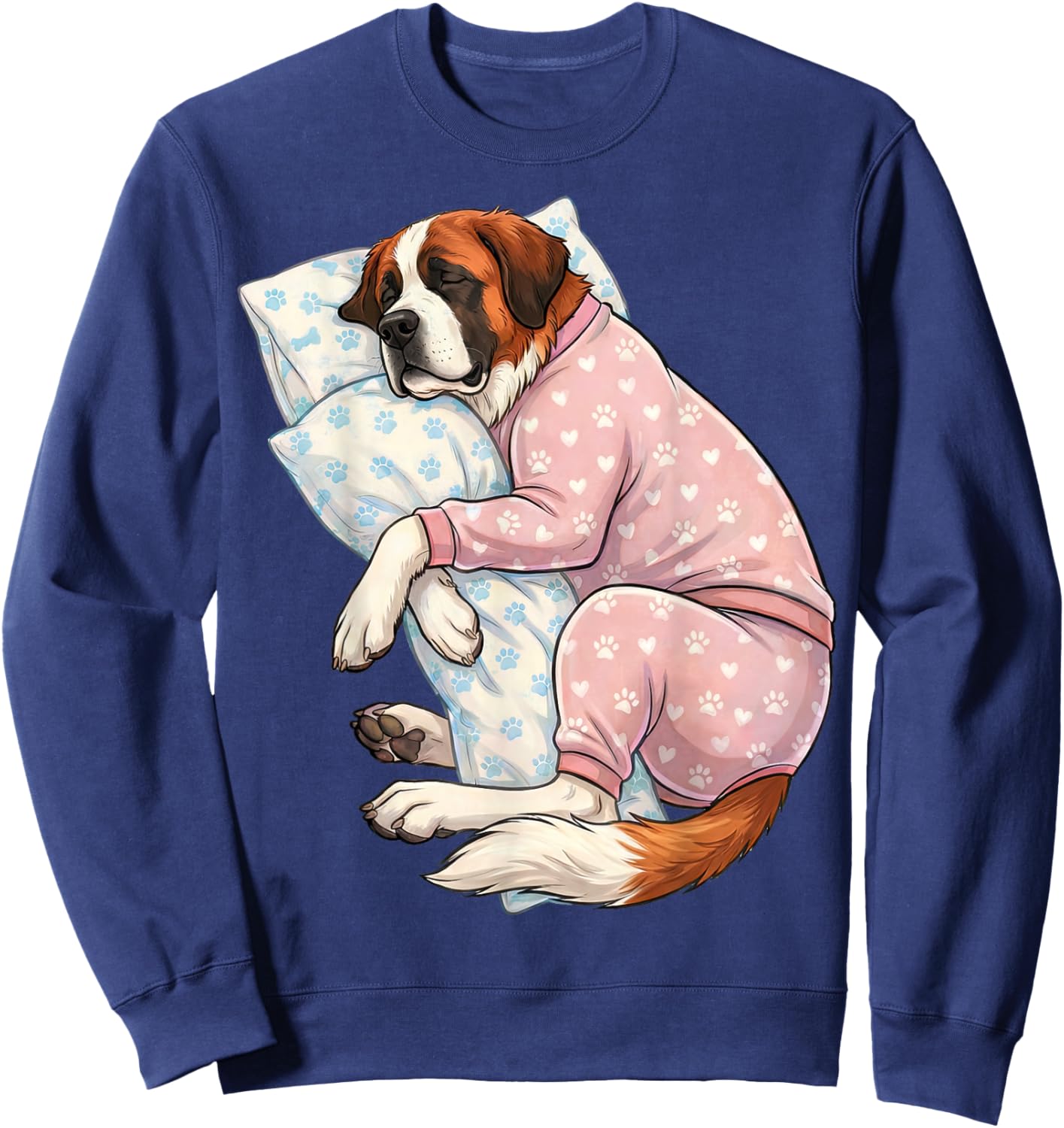Cute Saint Bernard Dog Sleeping in Pajamas Bedtime Art Sweatshirt - Sweatshirt | Navy