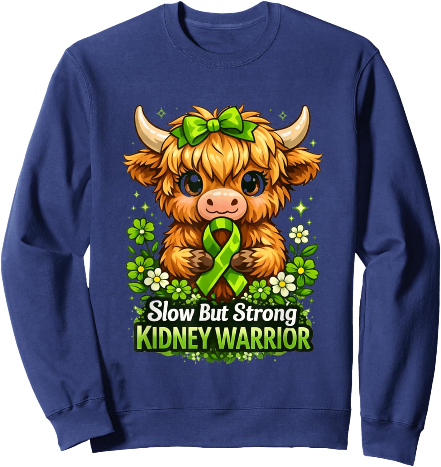 Slow But Strong Kidney Warrior Highland Cow Disease Awarenes Sweatshirt - Sweatshirt | Navy