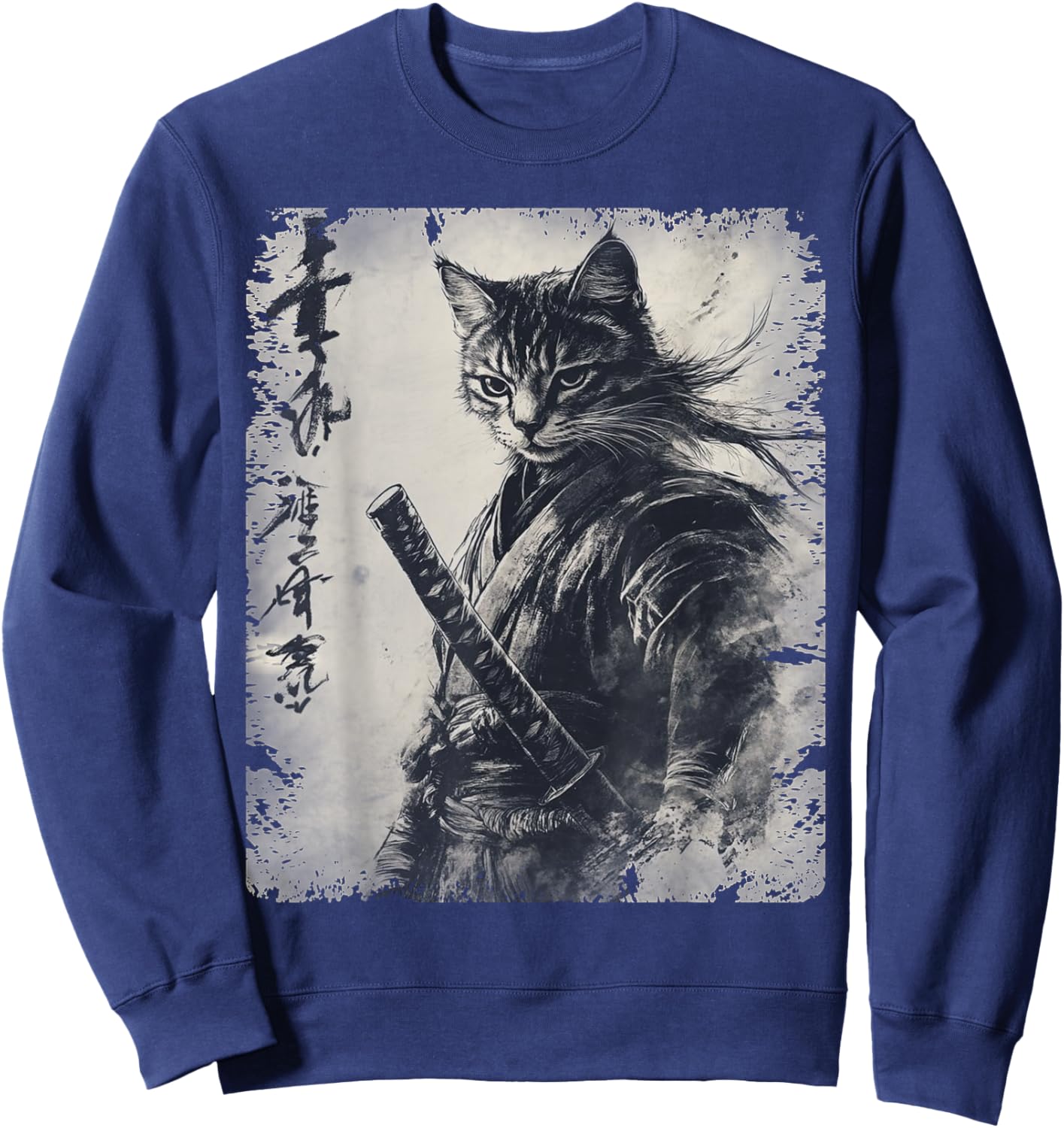 Samurai Cat Graphic Warrior Vintage Japanese Art Anime Sweatshirt - Sweatshirt | Navy