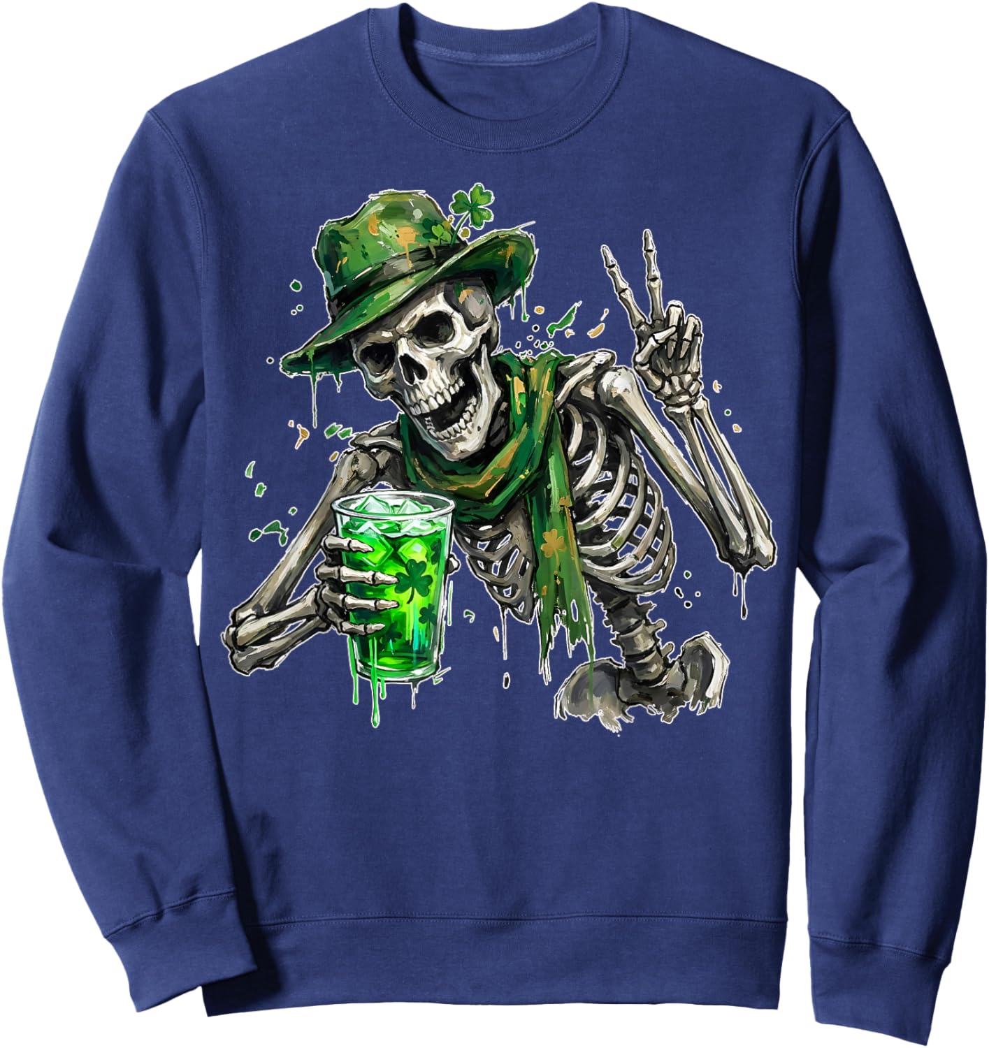 Skeleton Skull Drinking Beer Dead Inside St. Patrick's Day Sweatshirt - Sweatshirt | Navy