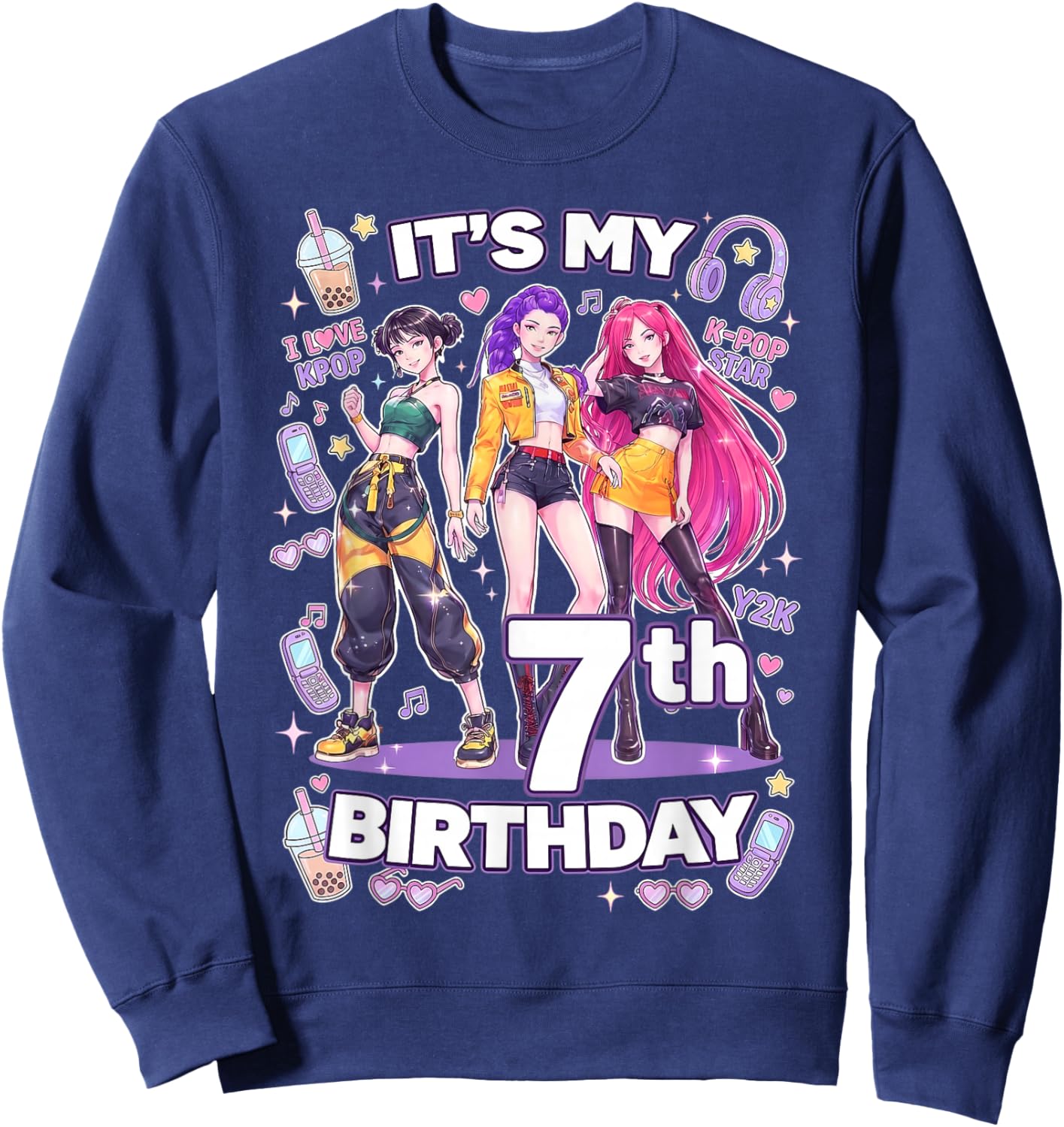 7th Birthday 7 Year Old Girl Korean Pop Kpop Bday Party Sweatshirt - Sweatshirt | Navy