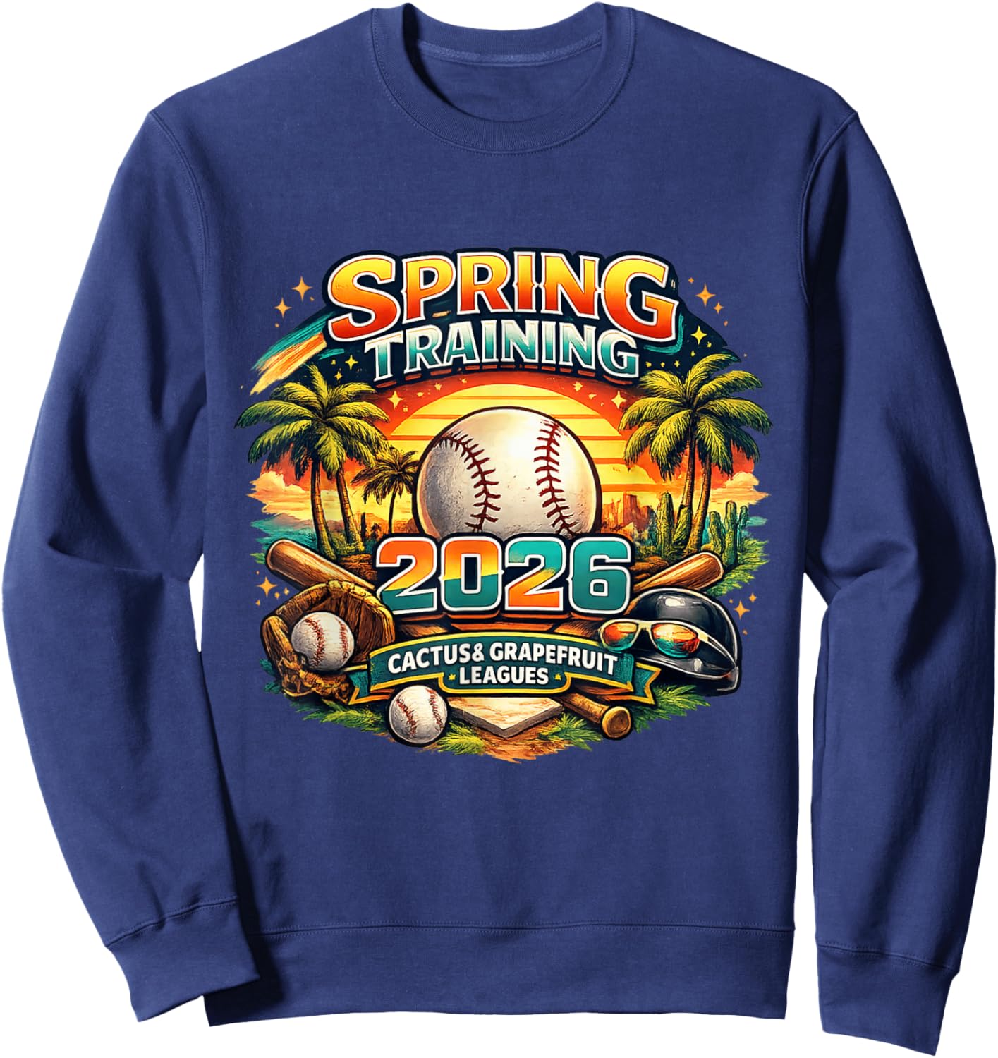 Spring Training 2026 Retro Baseball Design Palm Cactus Sweatshirt - Sweatshirt | Navy