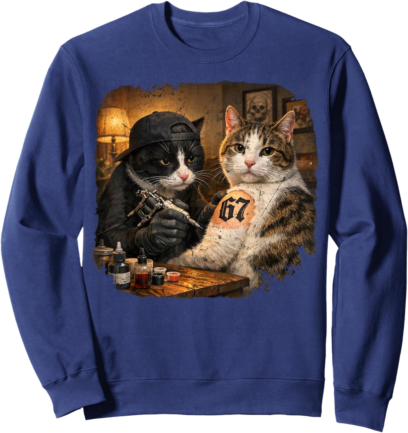 Vintage Cat Tattoo Inked Kitty Artist Funny 67 Meme Sweatshirt - Sweatshirt | Navy