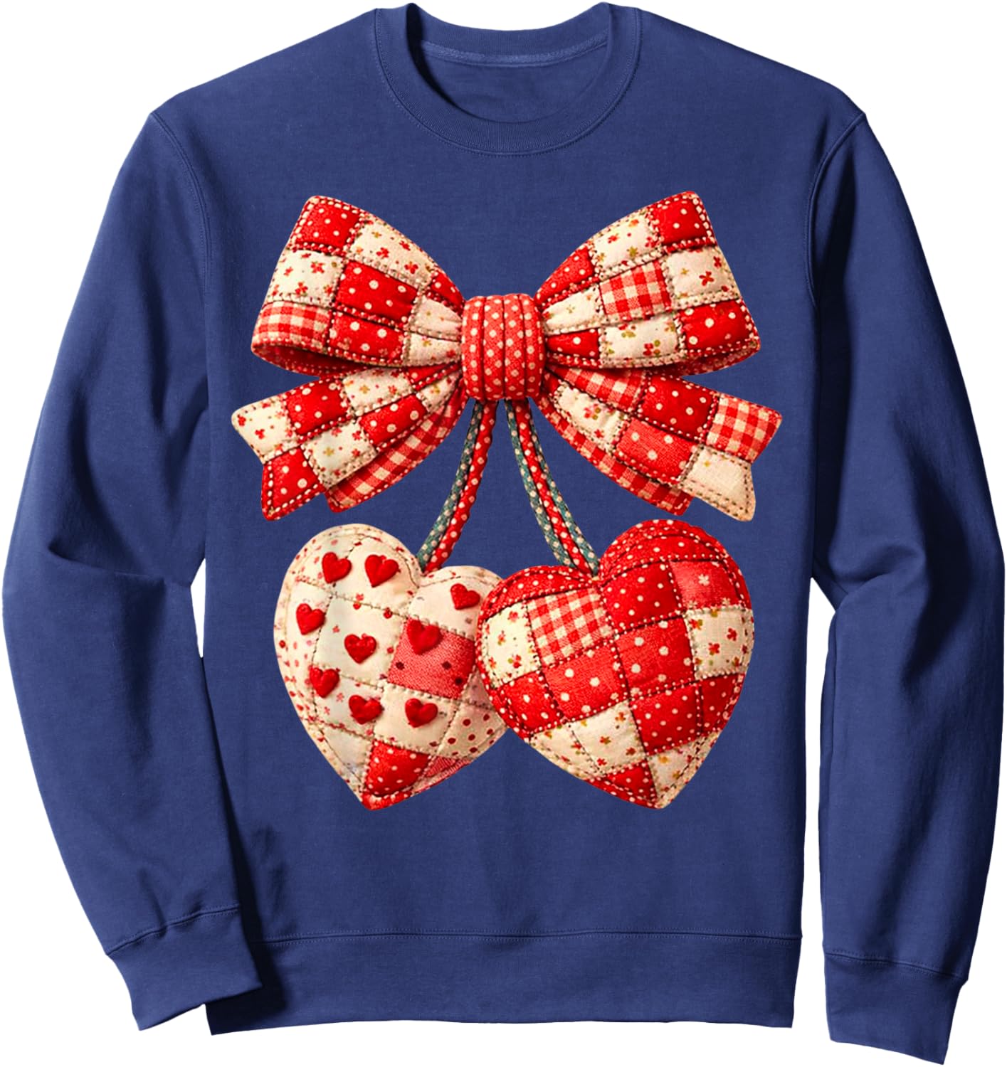 Valentine Hearts Bow Patchwork Graphic Art Romantic Quilted Sweatshirt - Sweatshirt | Navy