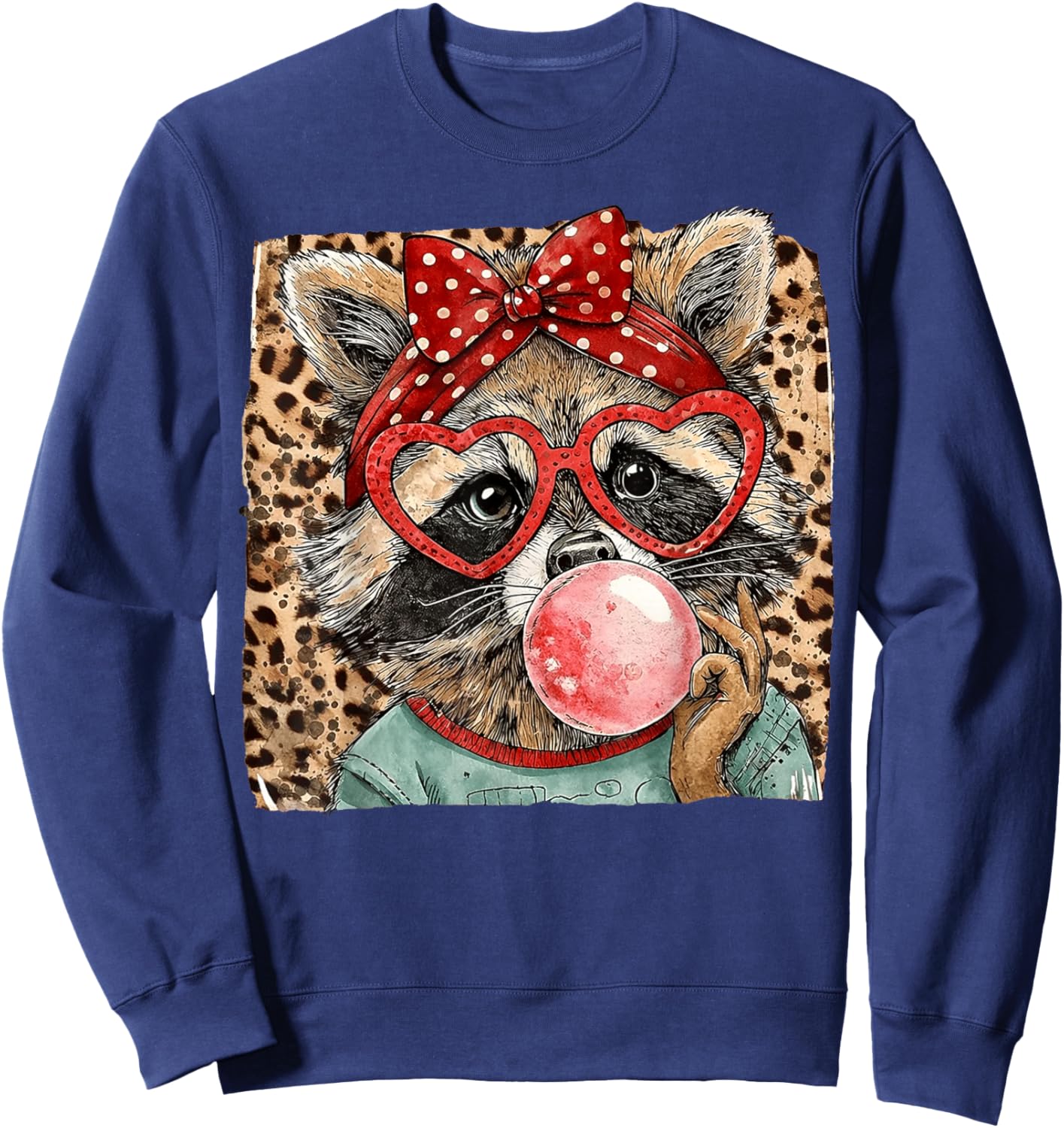 Vintage Leopard Racoon Bow Blowing Bubble Gum Valentine Sweatshirt - Sweatshirt | Navy