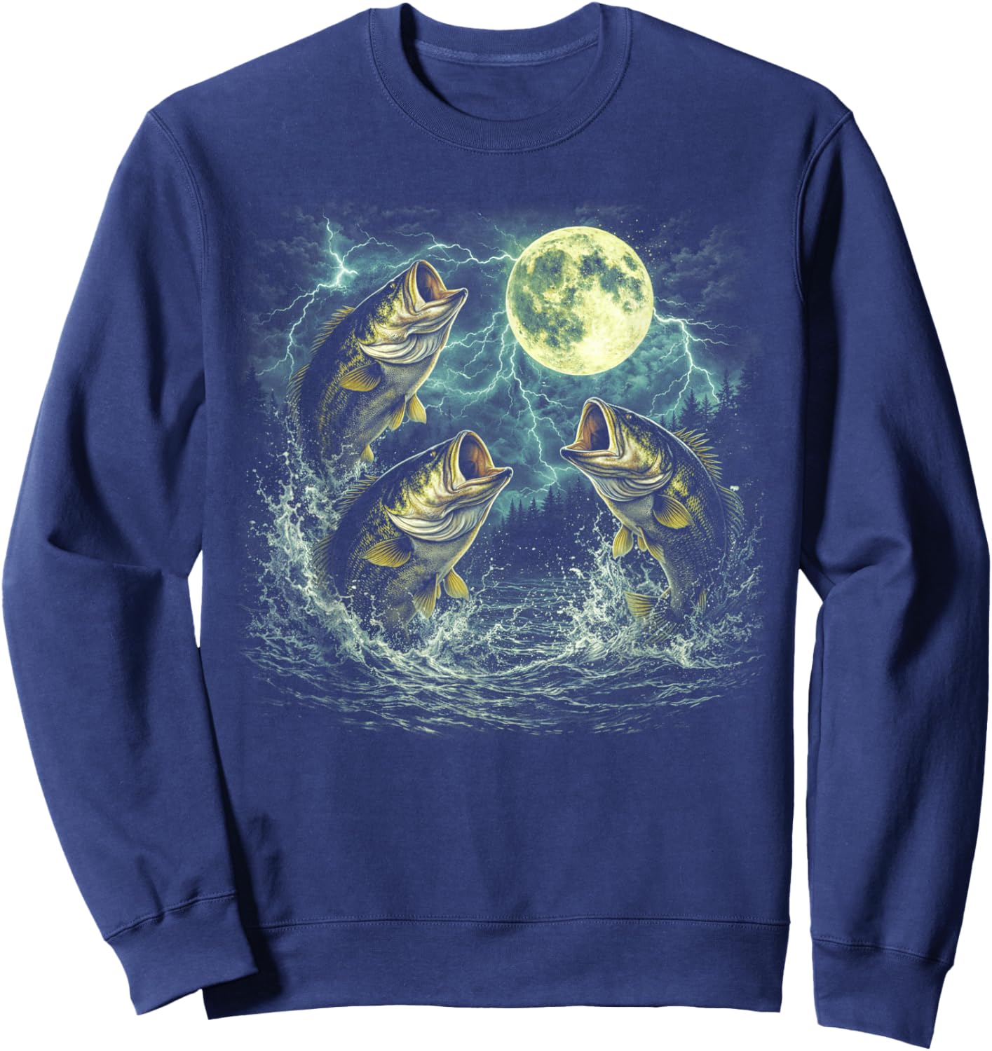 Bass Fish Howling at The Moon 90s Vintage Bass Fishing Sweatshirt - Sweatshirt | Navy