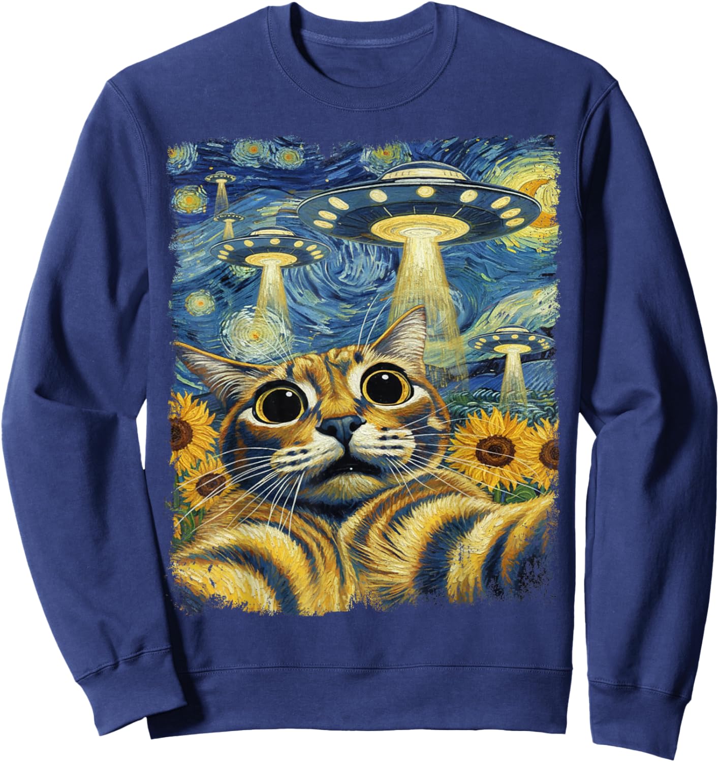 Cat Selfie with UFO Starry Night Van Gogh Cat Men Women Kids Sweatshirt - Sweatshirt | Navy