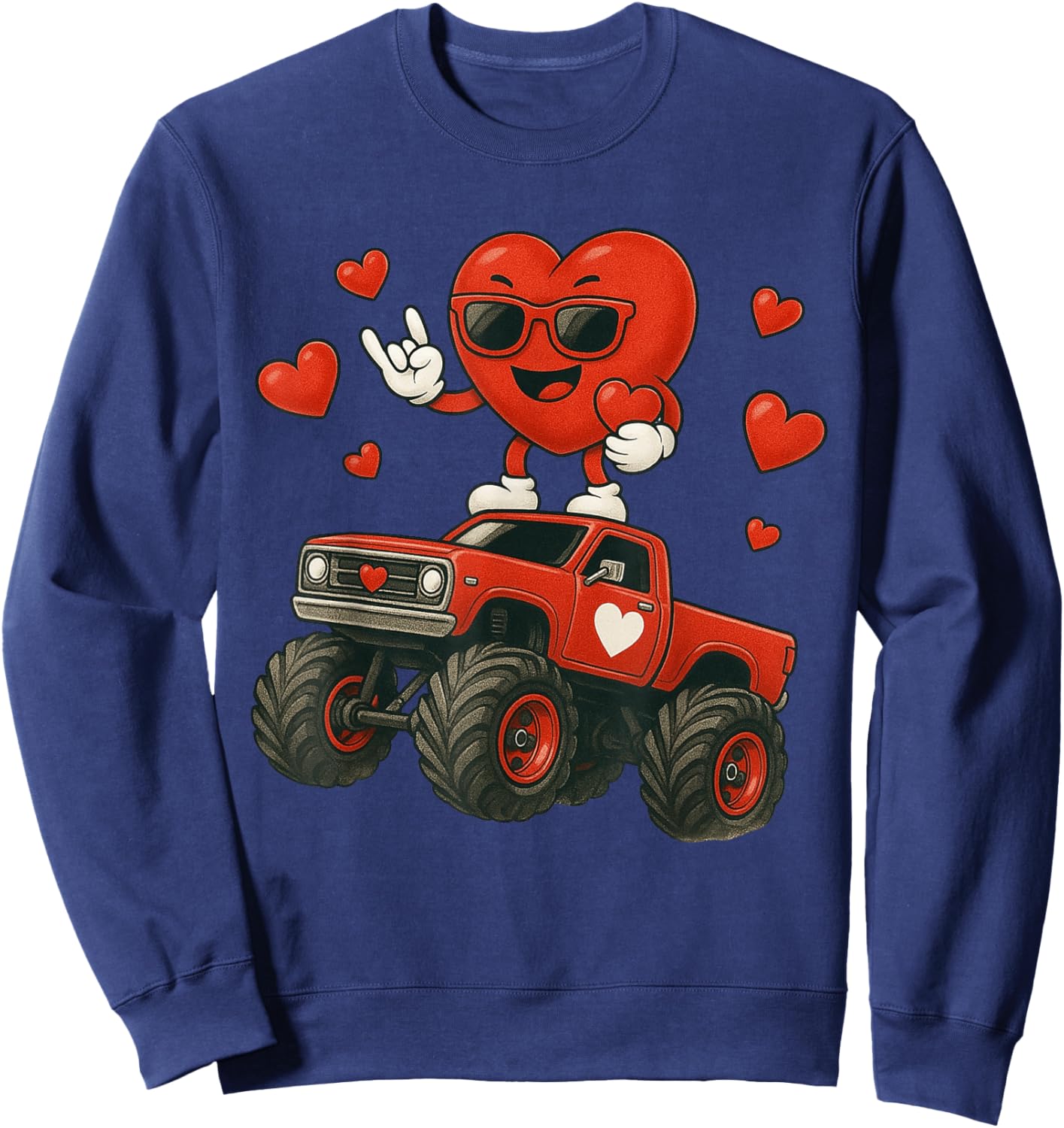 Valentines Day Heart Riding Monster Truck Rock Toddler Boys Sweatshirt - Sweatshirt | Navy