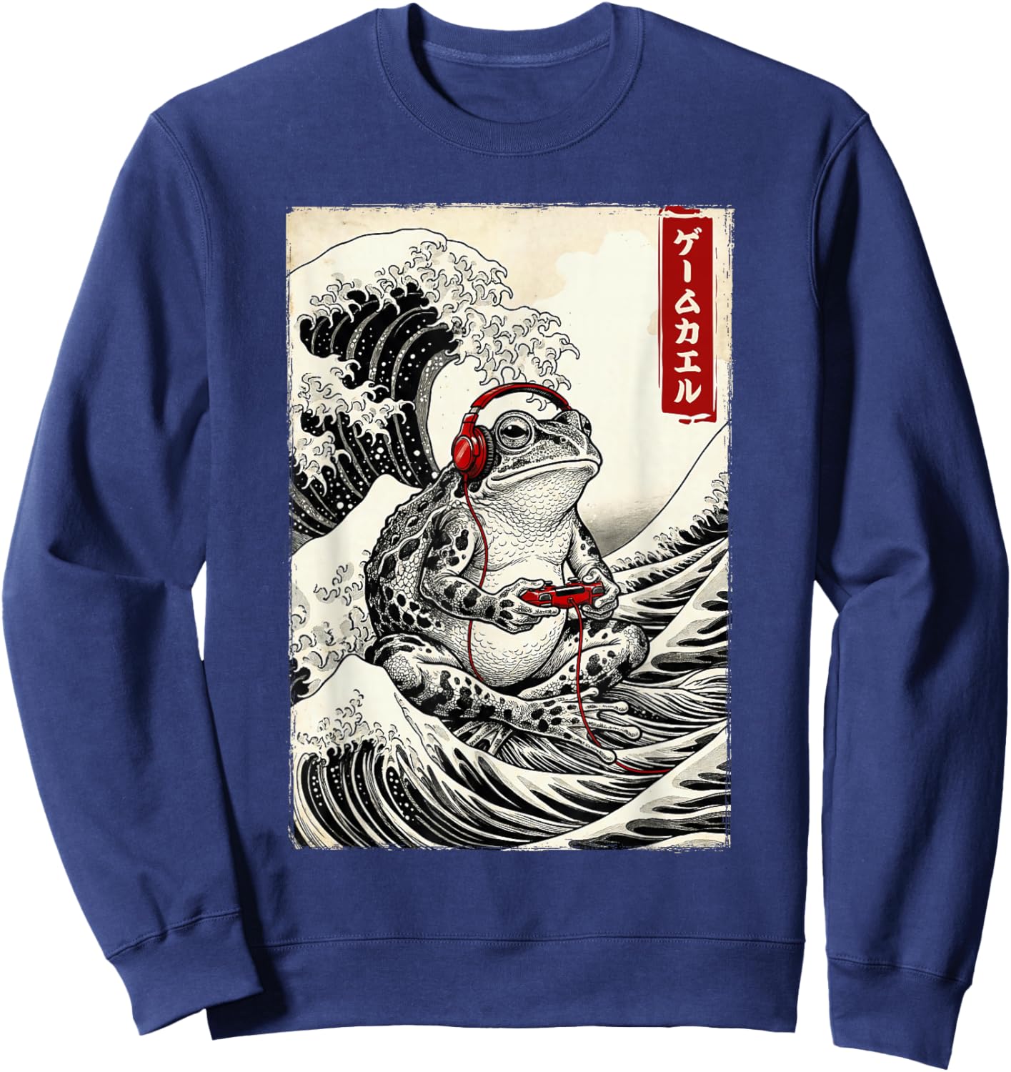 Japanese Kaeru Frog Gamer Playing Video Games Kids Boys Girl Sweatshirt - Sweatshirt | Navy