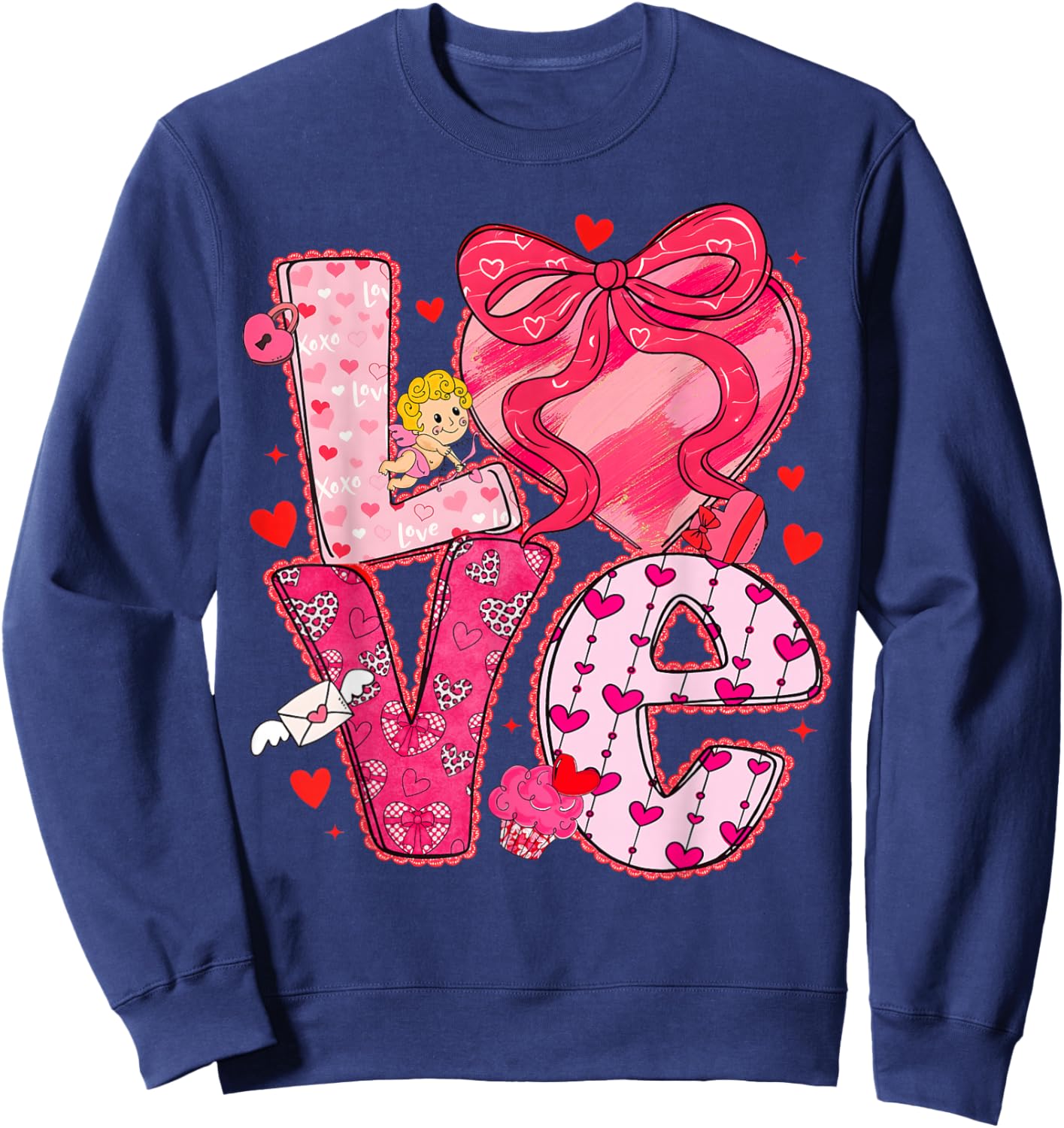 Valentine Love Heart Coquette Bow Cute Women Kids Girl Sweatshirt - Sweatshirt | Navy